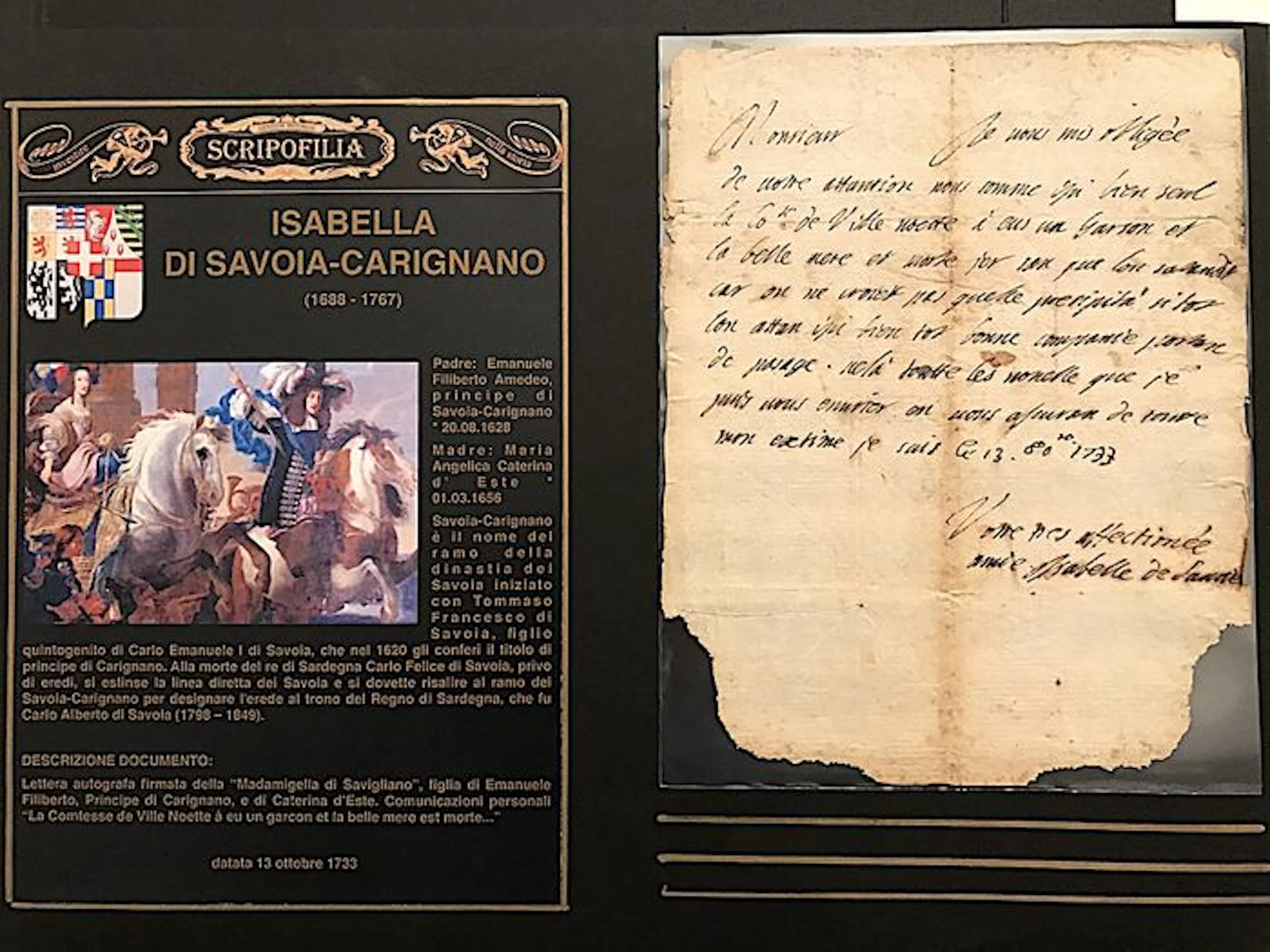 Isabella Louise of Savoy-Carignano (1628-1709) - Signed hand-written document by Madamigella di Savigliano daughter of Prince Emanuele Filiberto - Year 1733