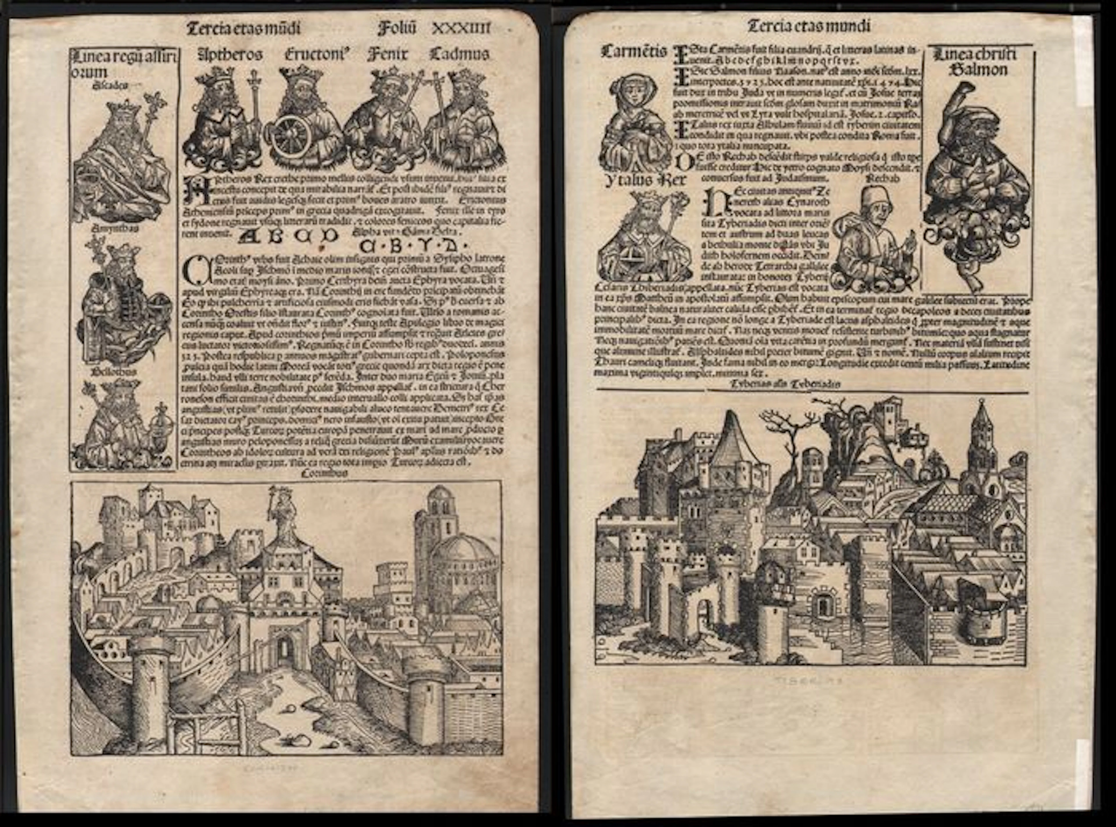 Michael Wohlgemut - Incunable leaf from the Nuremberger Chronik by H. Schedel with townscapes from Greece and Israel - Folium XXXIIII - 1493