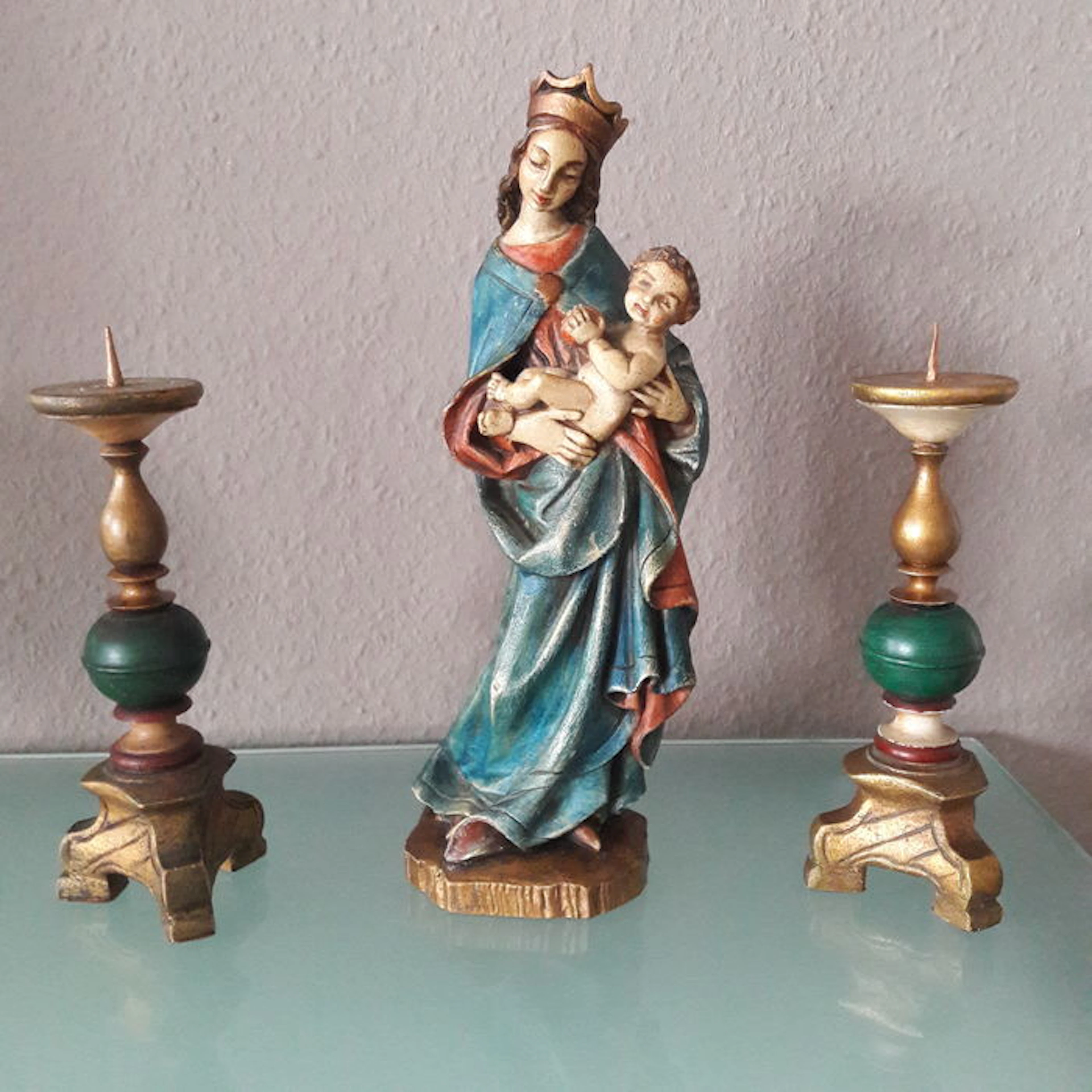 Madonna figure (very likely to be Mary with baby Jesus) with 2 candleholders - Germany - 1st half of the 20th century