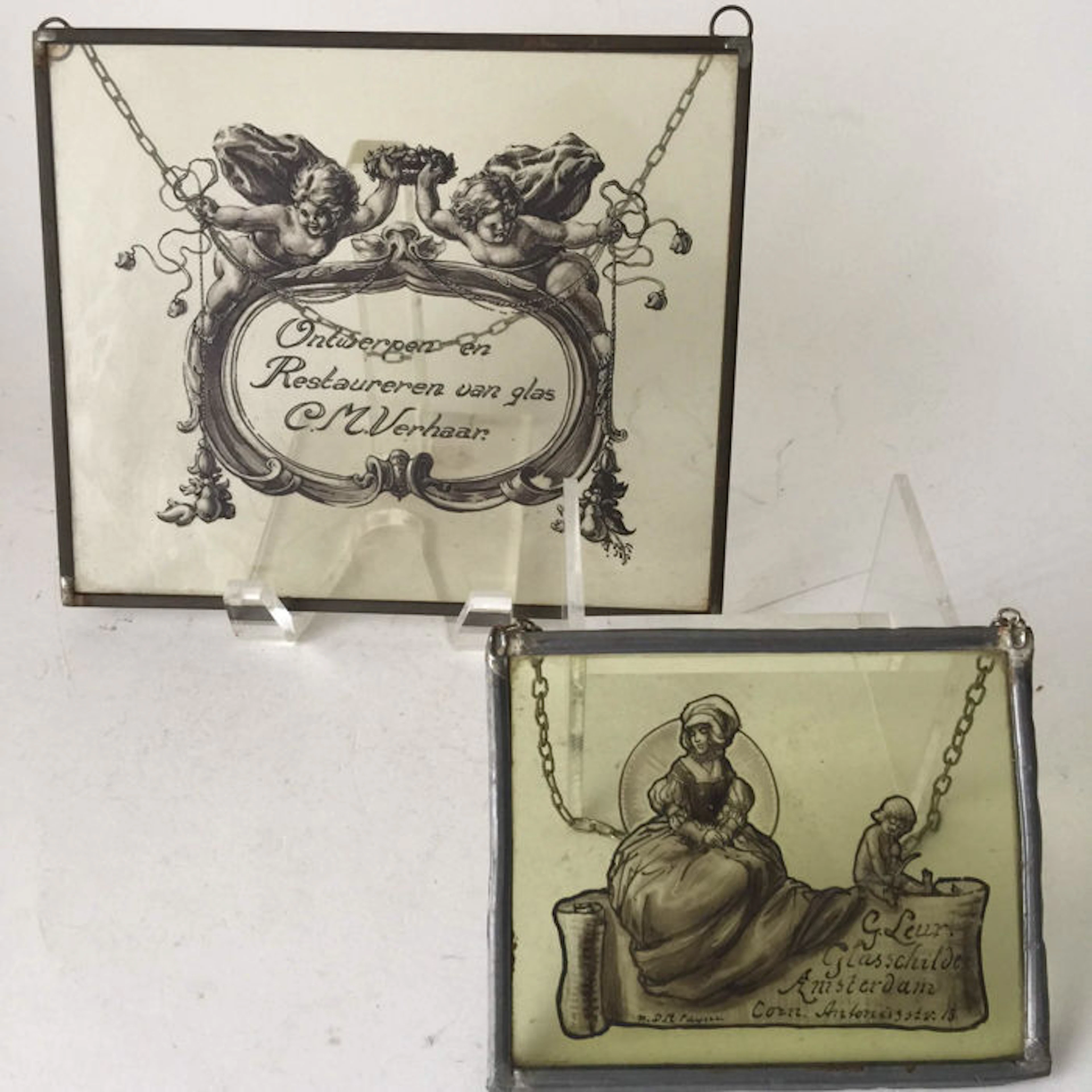2 zeldzame glas in lood reclame ramen (1 in Art Nouveau stijl)