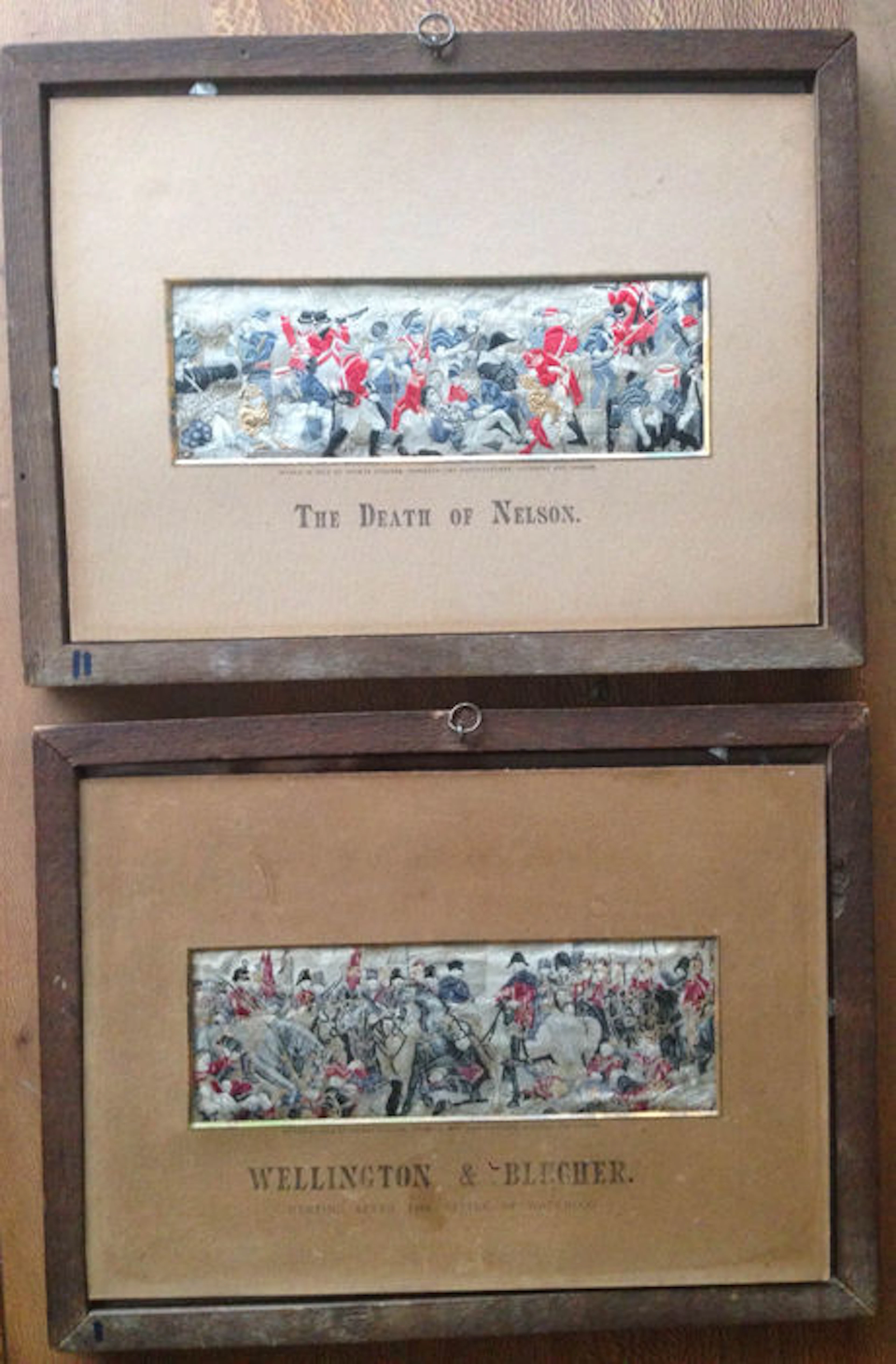 Two rare Stevengraphs - silk woven pictures - The Death of Nelson - Wellington and Blucher meeting after the battle of Waterloo - England UK - c 1889 - 1900