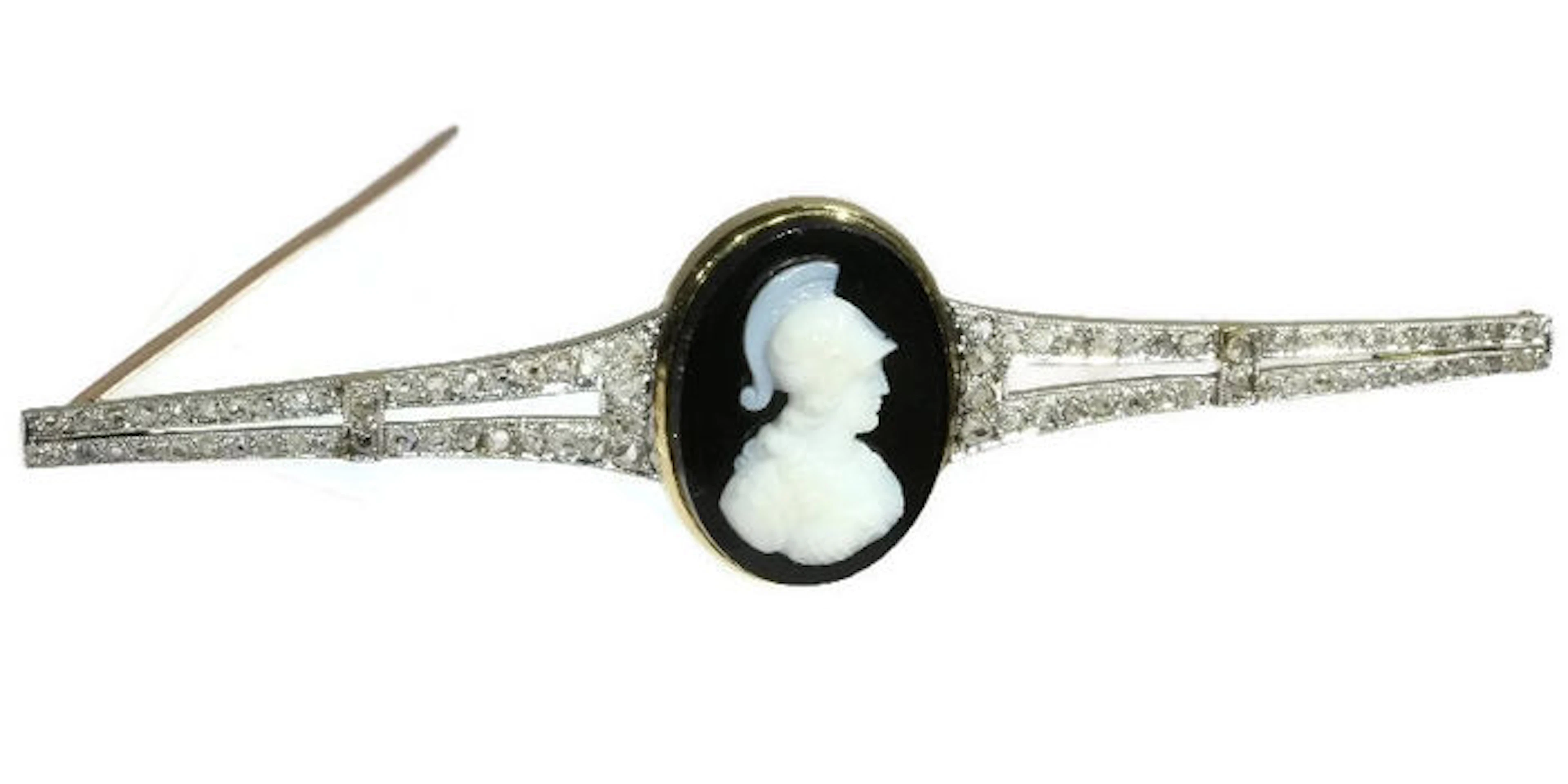 Vintage diamond bar brooch with Athena cameo hard stone and 80 (!) rose cut diamonds
