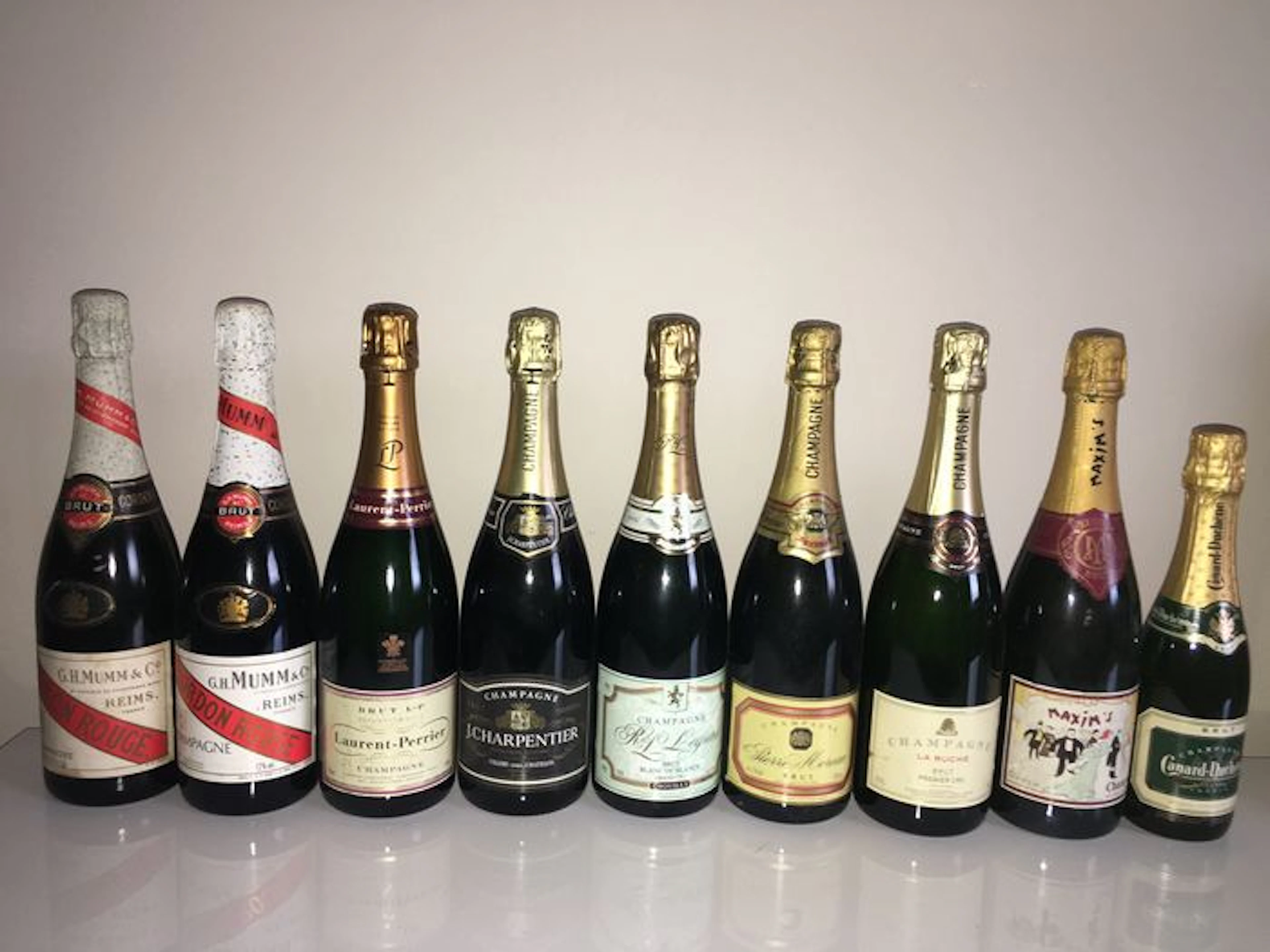 Brut Laurent Perrier, La Ruche Premier Cru, 2x Mumm Cordon Rouge, J Charpentier, Pierre Moreau, R&L Legras Grand Cru, Maxim's Brut, Canard - Duchene - Champagne 9 Bottles