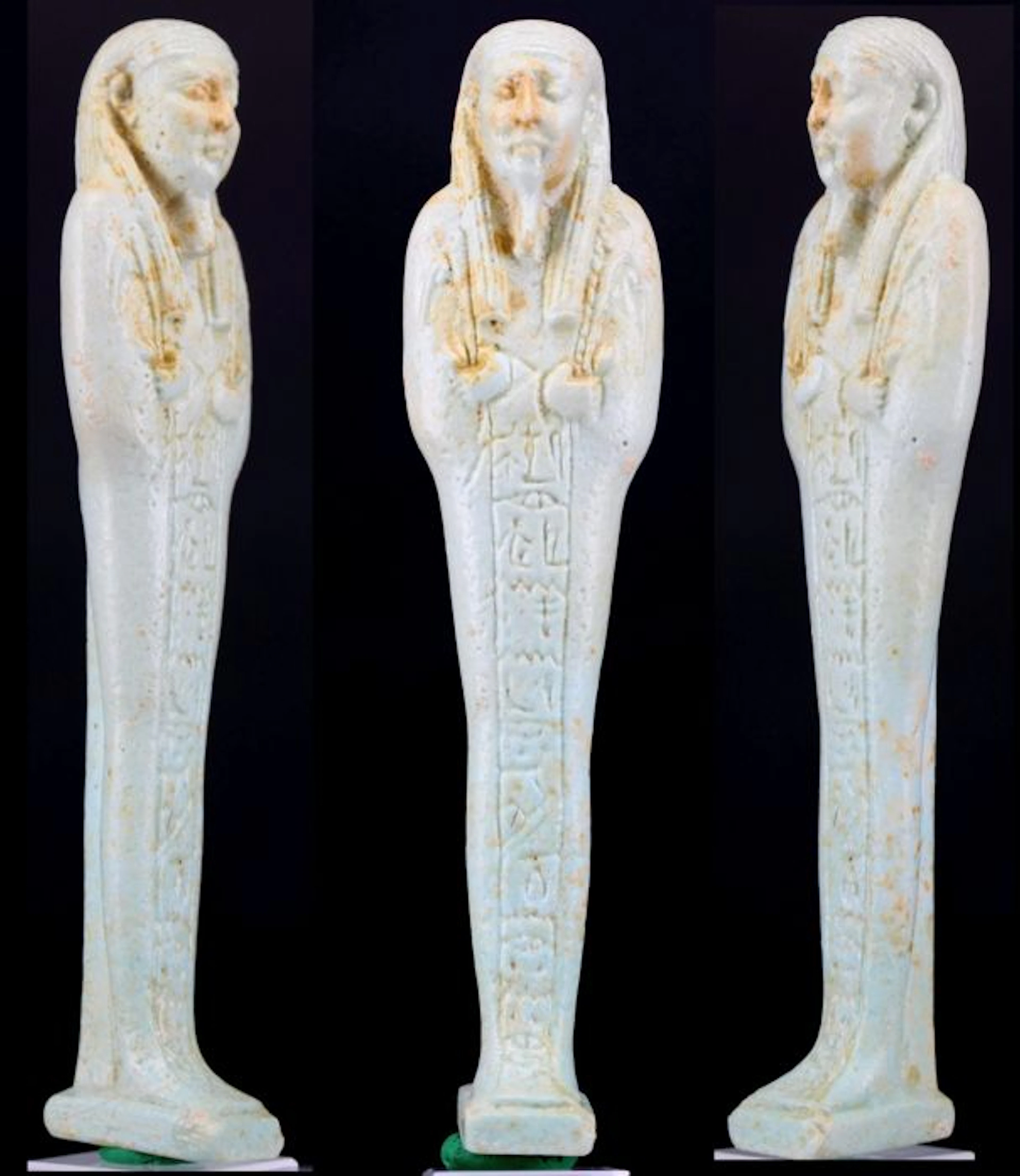 Egyptian faience Shabti of Nanefer-senebek, Son of Her-udja, born of Ta-net-per-nbw - 11.5 cm