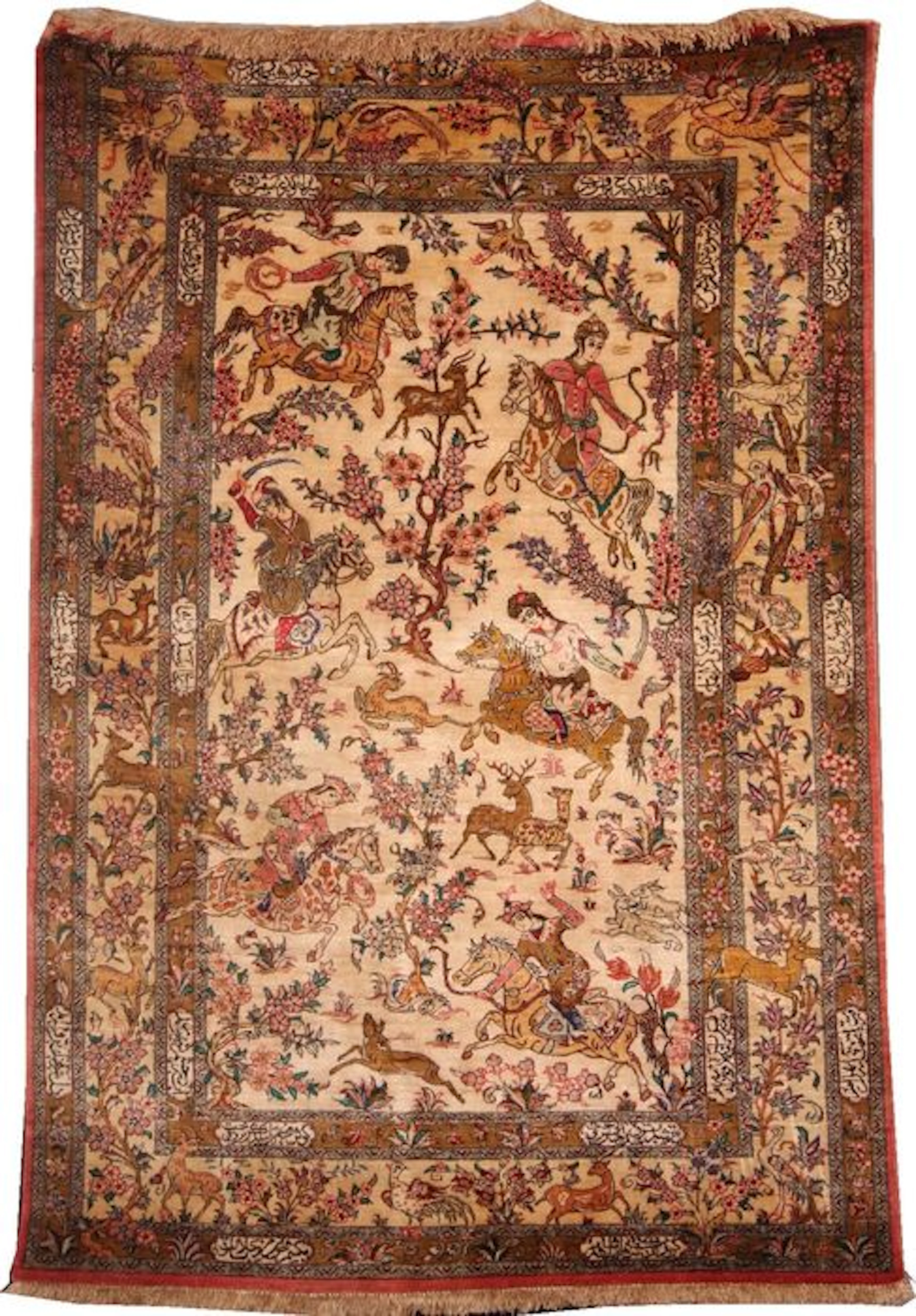 Silk Persian Qom rug in hunting scene design measuring 155cm x 97cm (5'x3'2")