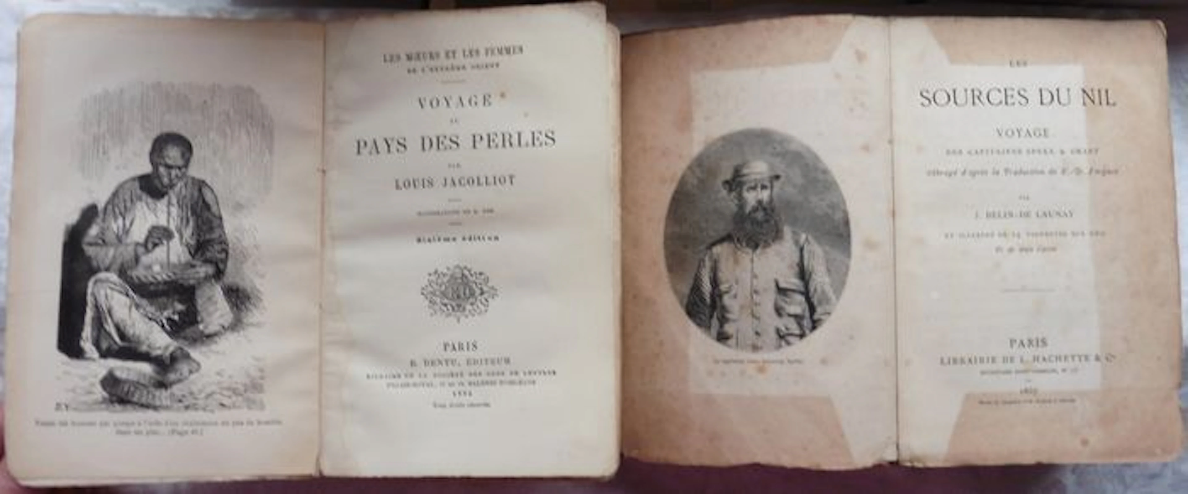 Exploration - 2 volumes : Louis Jacolliot - Voyage au Pays des perles & J. Belin de Launay - Les sources du Nil - 1867/1884