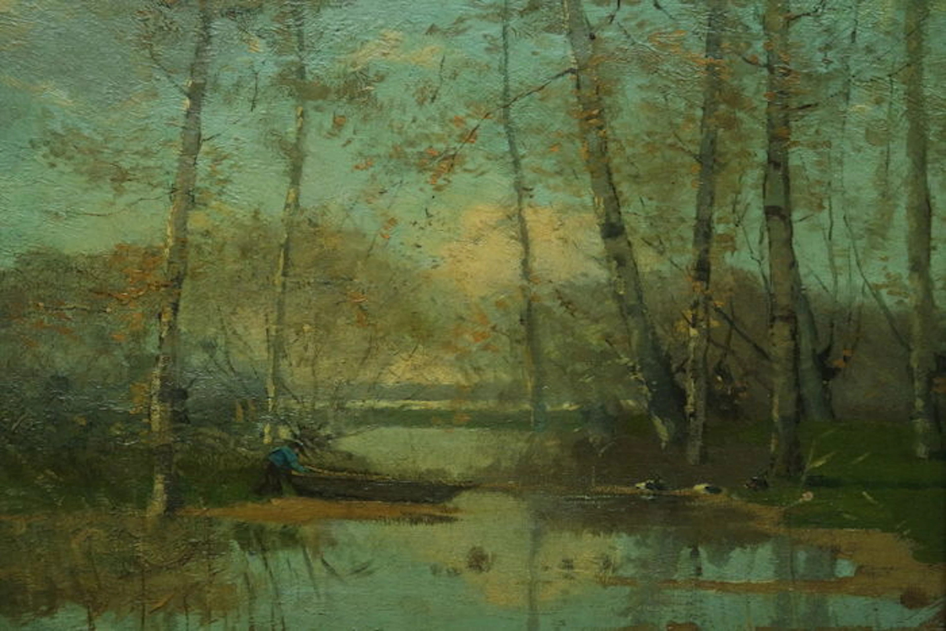 Frans Slager (1876-1953) - Venlandschap met berken en man met bootje