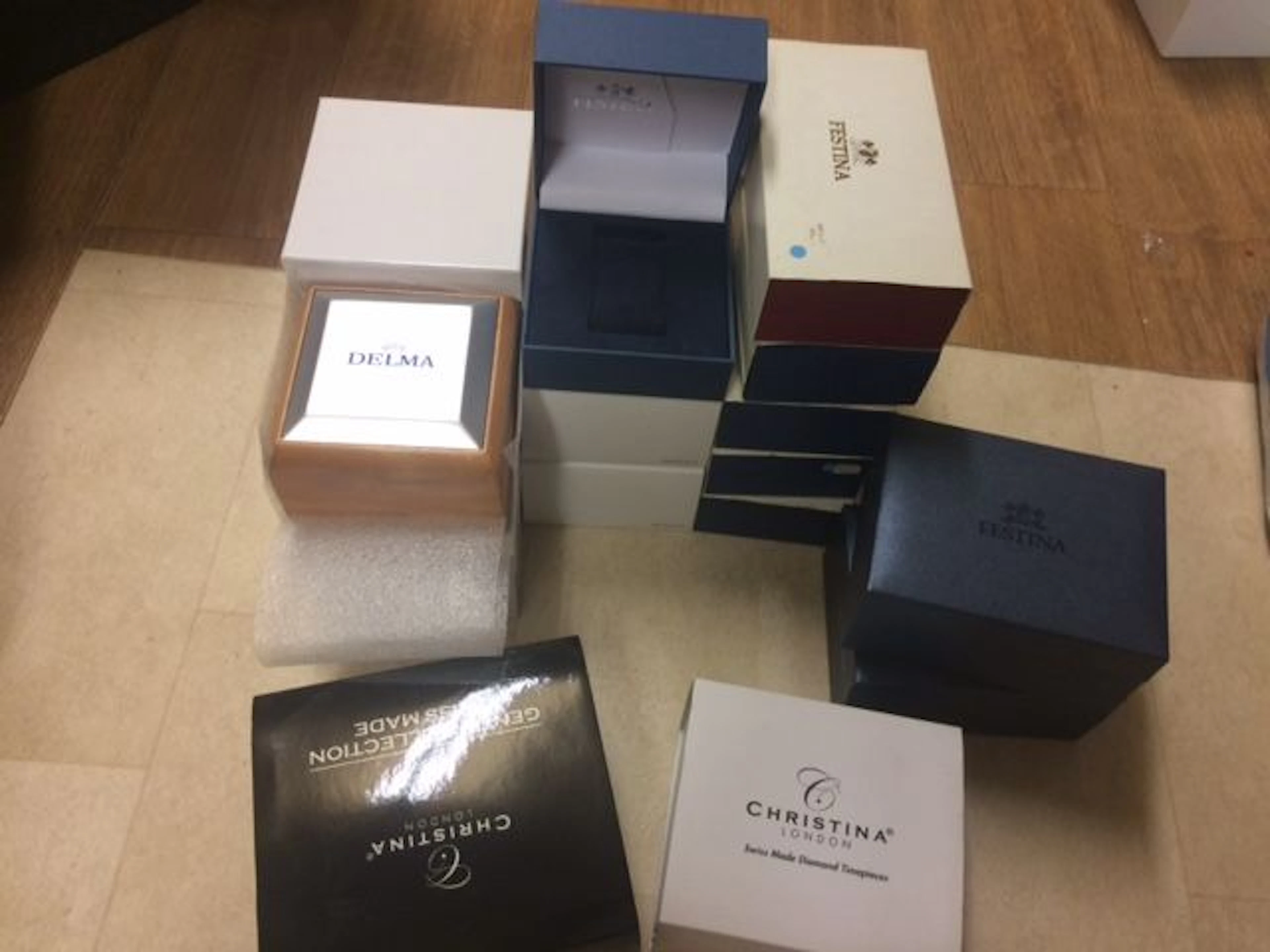 Lot of 16 watch boxes: Delma- Festina- Christina Londen,