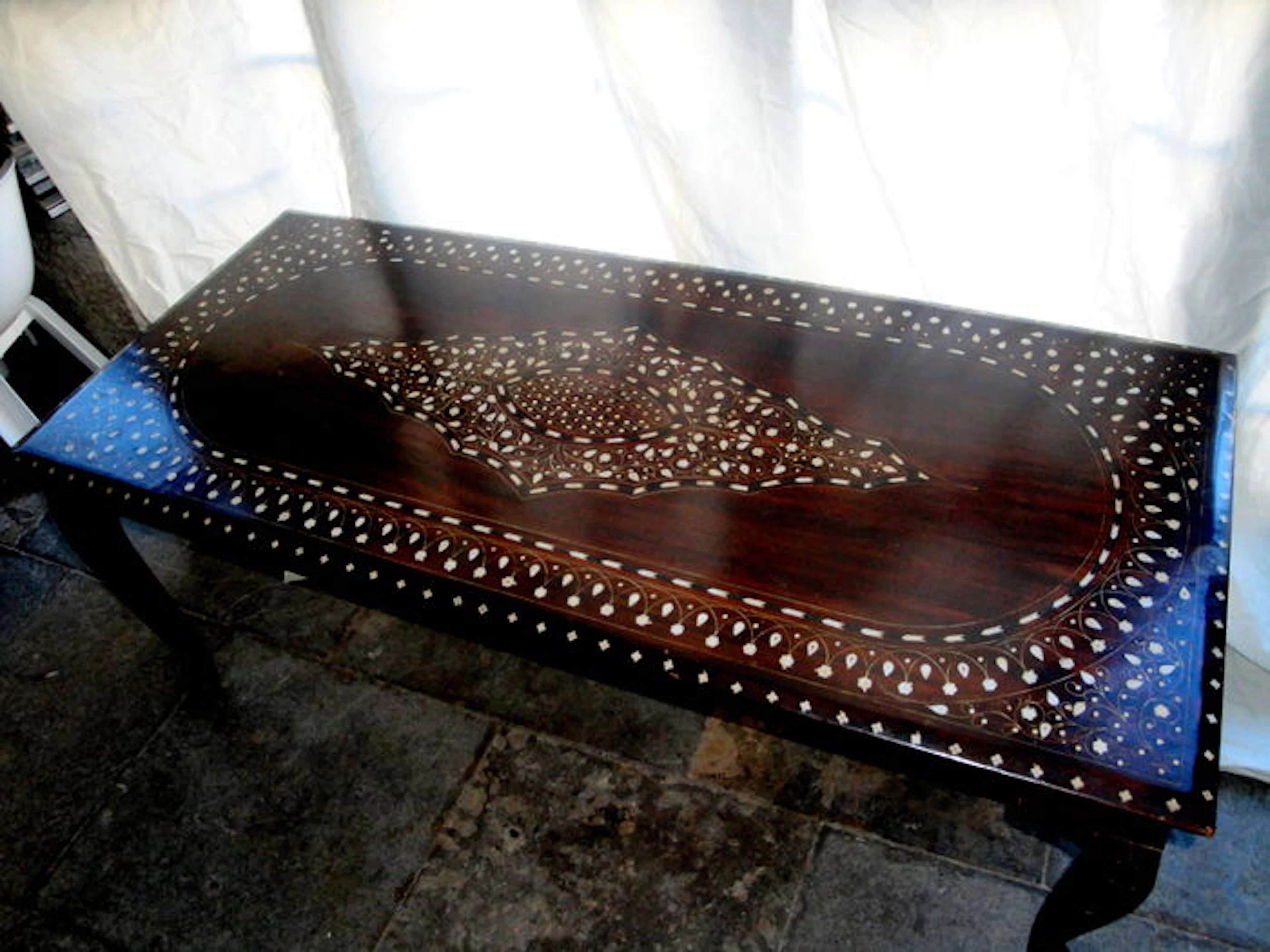 Large mahogany wood with bone inlaid coffee table, 1980s
