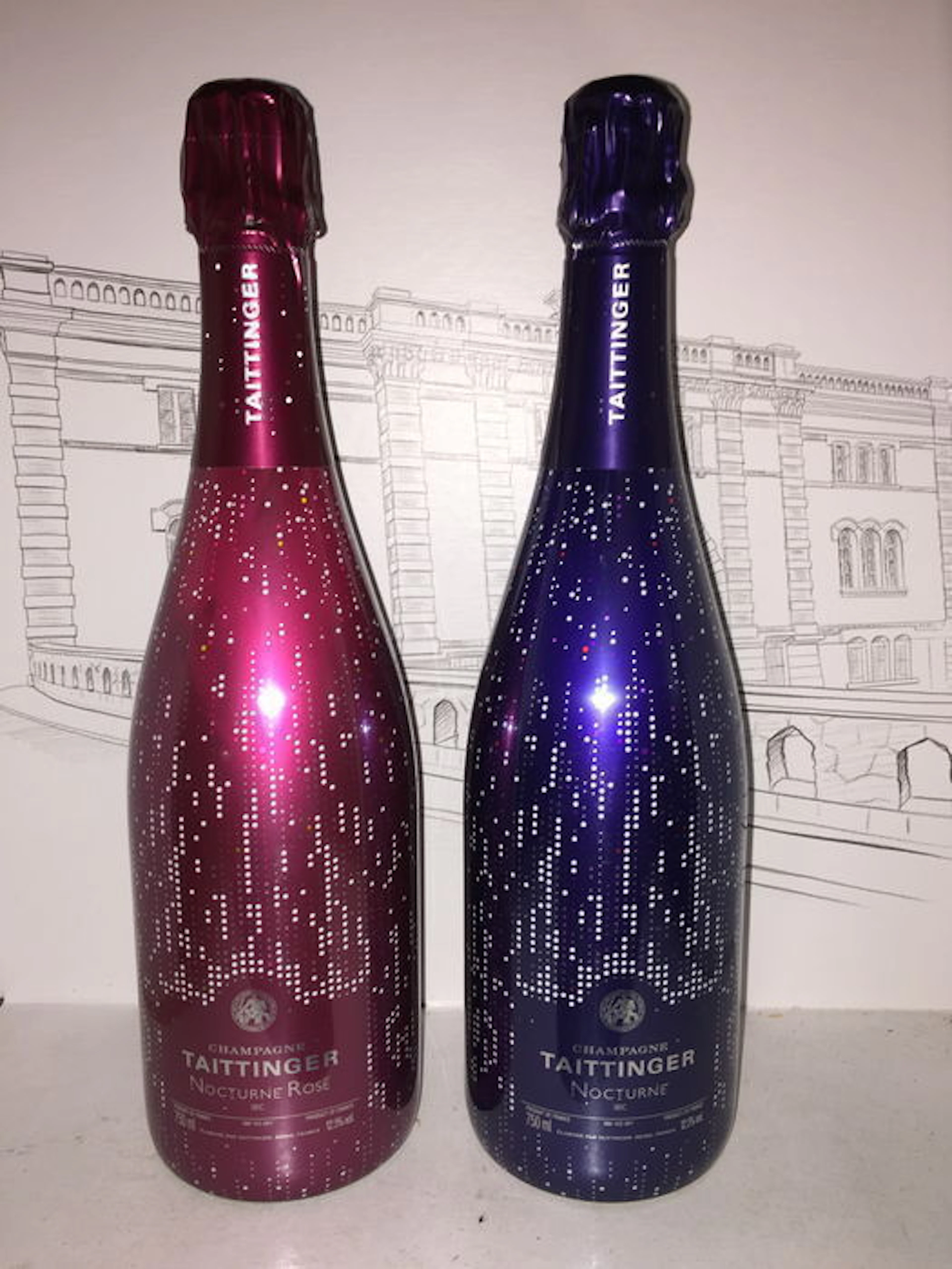 Taittinger Nocturne and Nocturne Rosé collector champagne – 2 matching bottles.