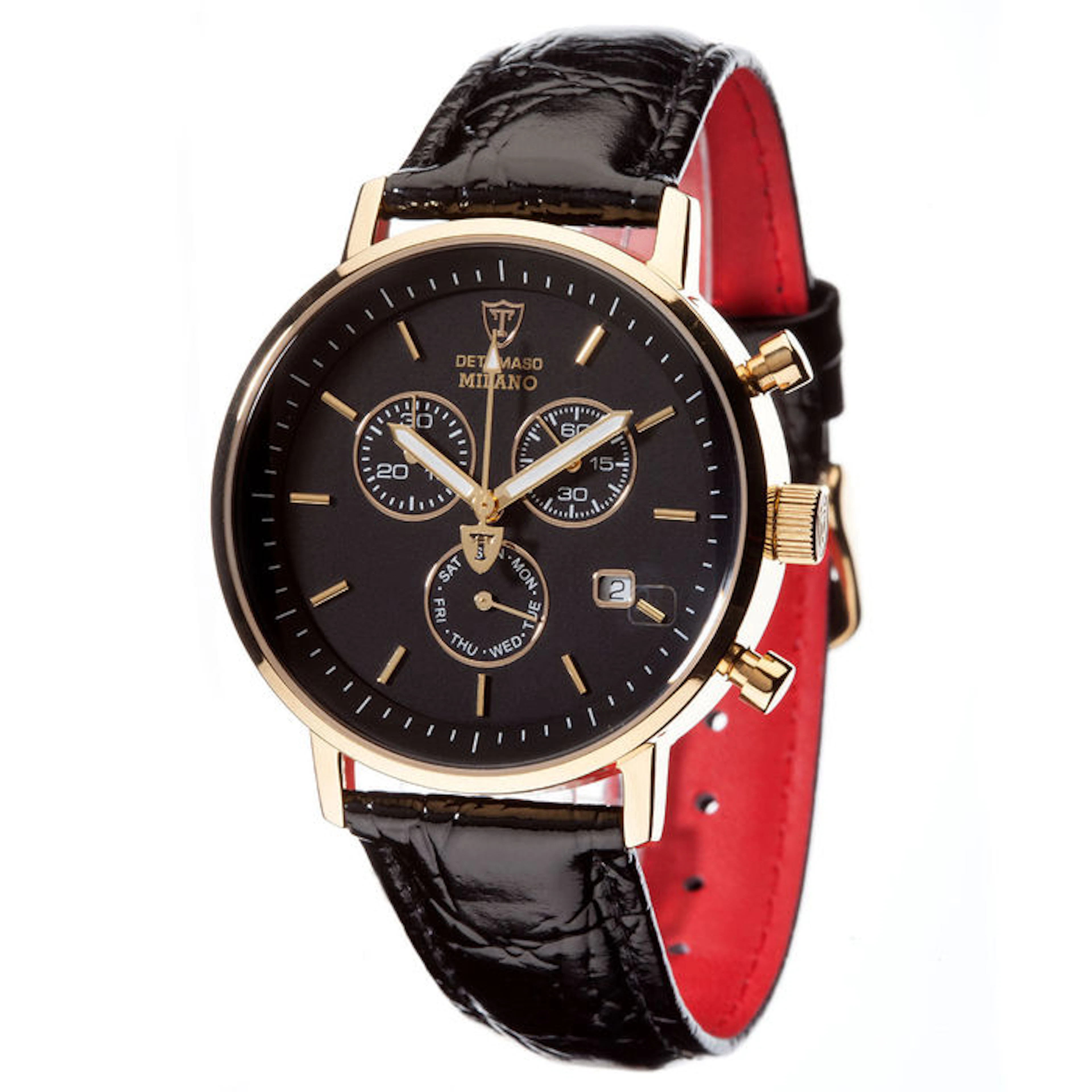 DETOMASO Milano Men's Watch Chronograph Gilded Black Dial Leather Strap New