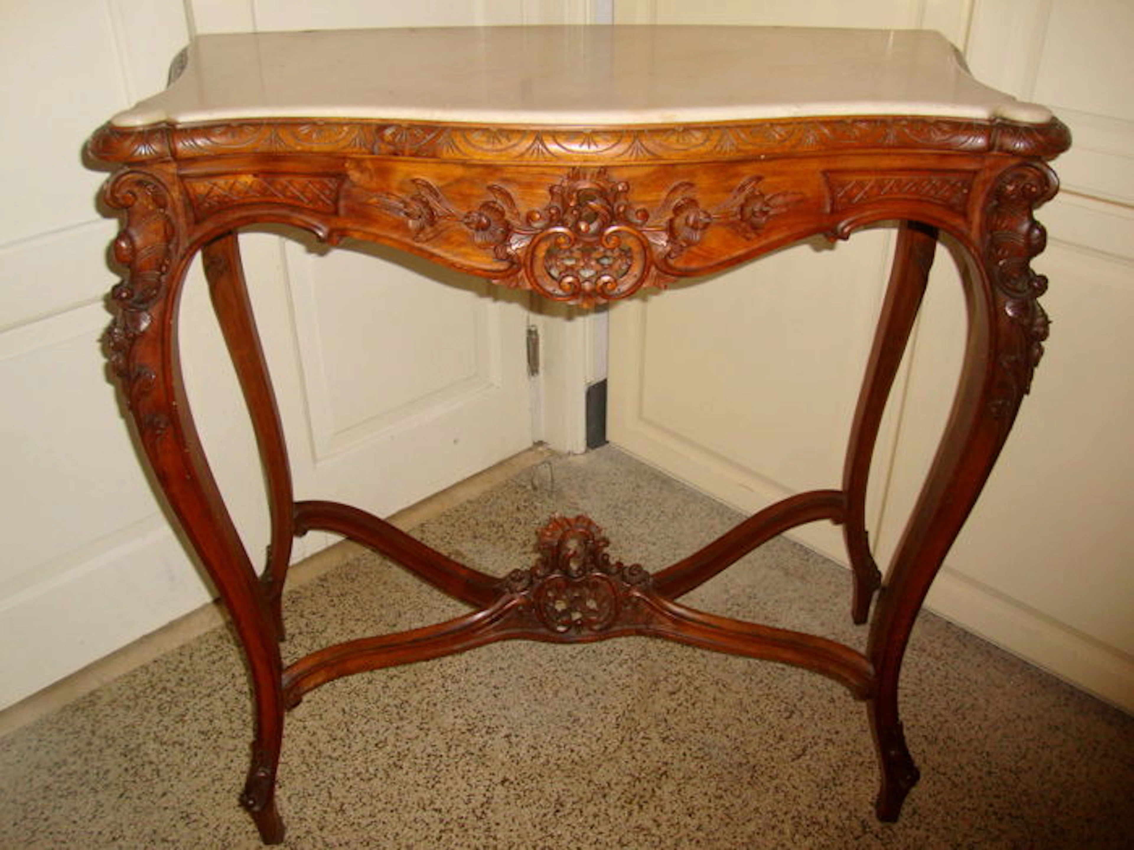 A Louis XV Walnut Console Table with Italian Marble Top, circa 1900