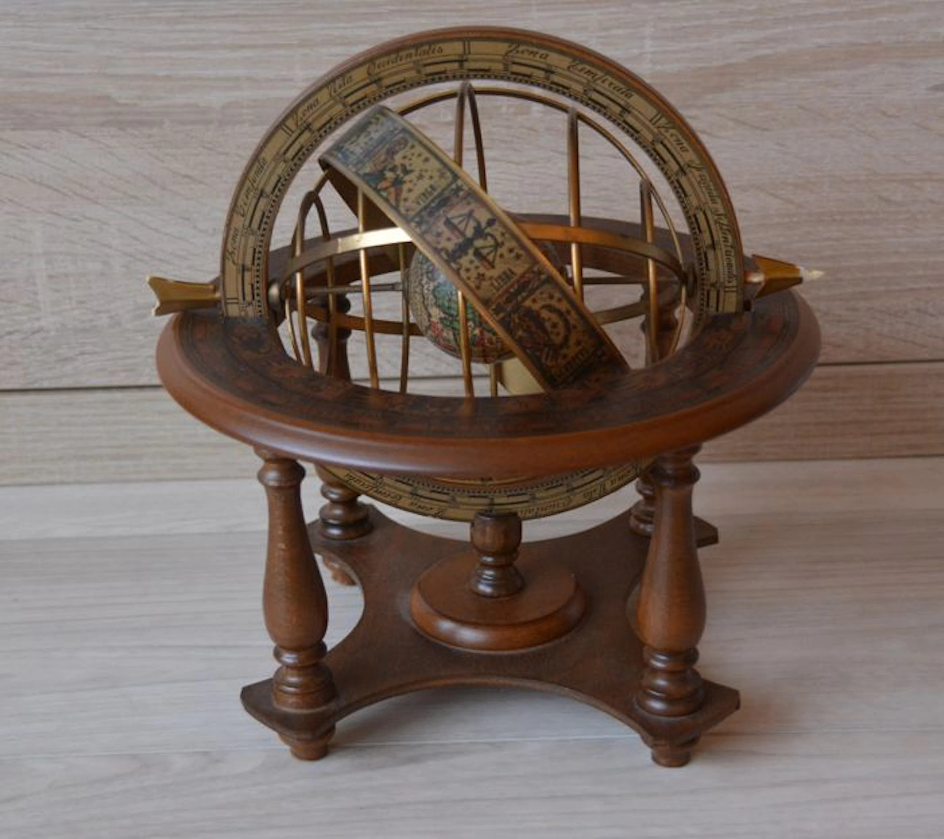 Beautiful Italian table globe with double Zodiac, month ring and degrees