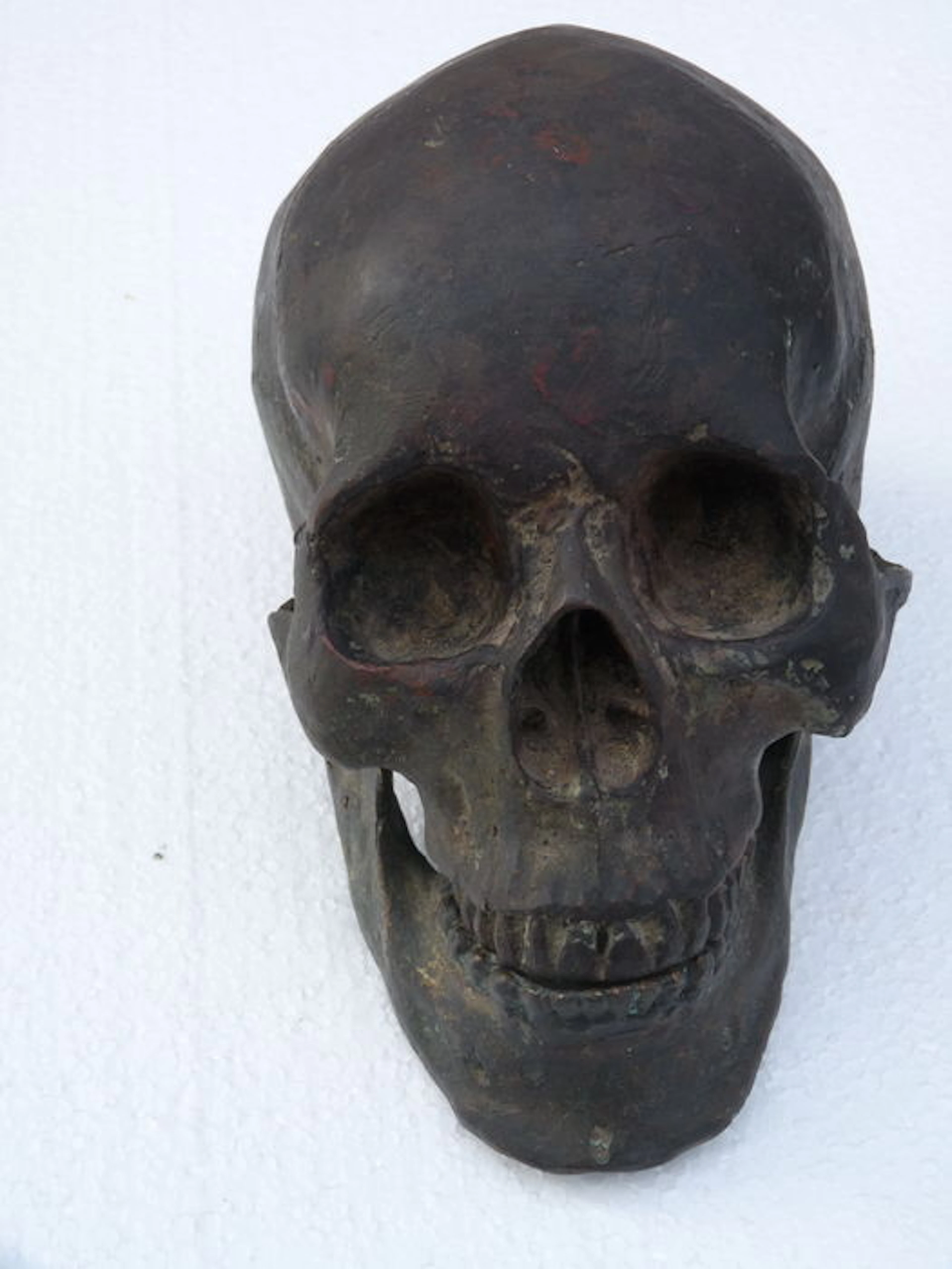 Old large human skull in bronze - indistinctly signed - 19th century