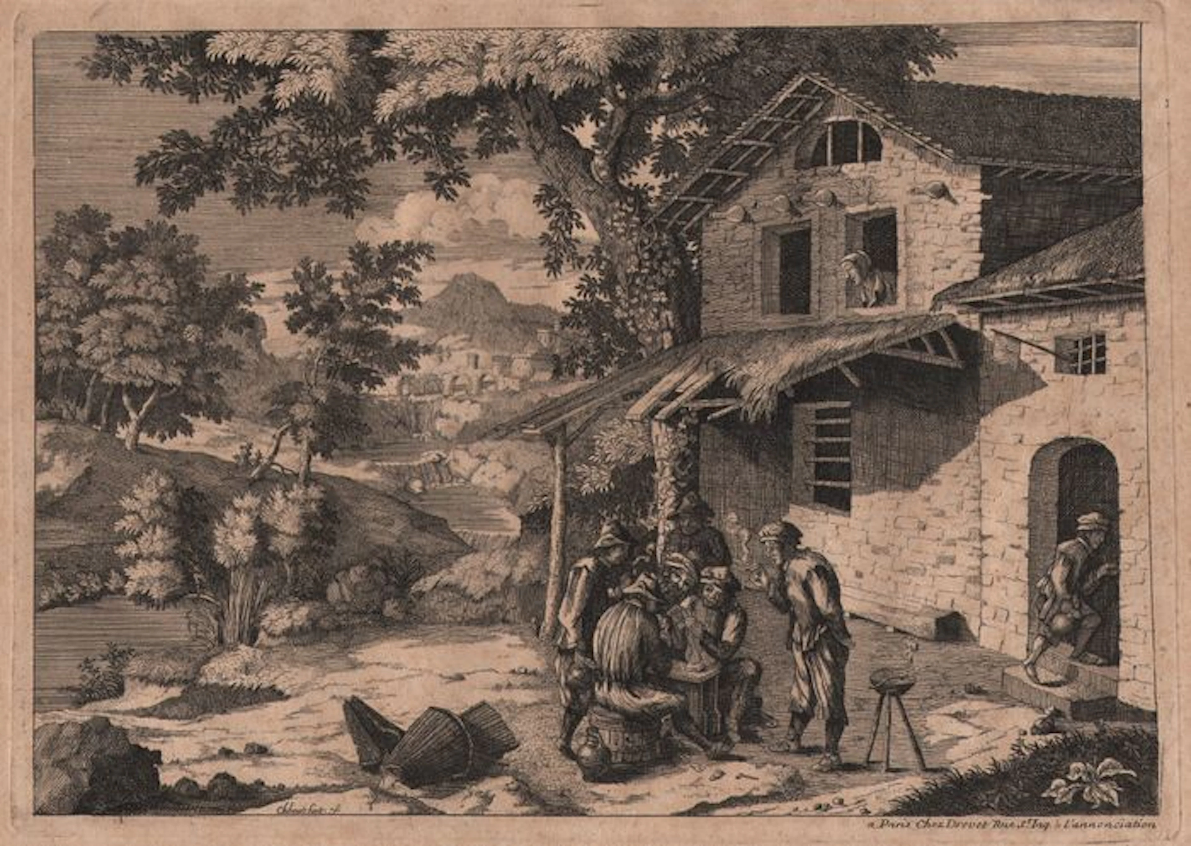 Chiboust (active 17th century) - Millet Landscape with card players - Ca. 1690