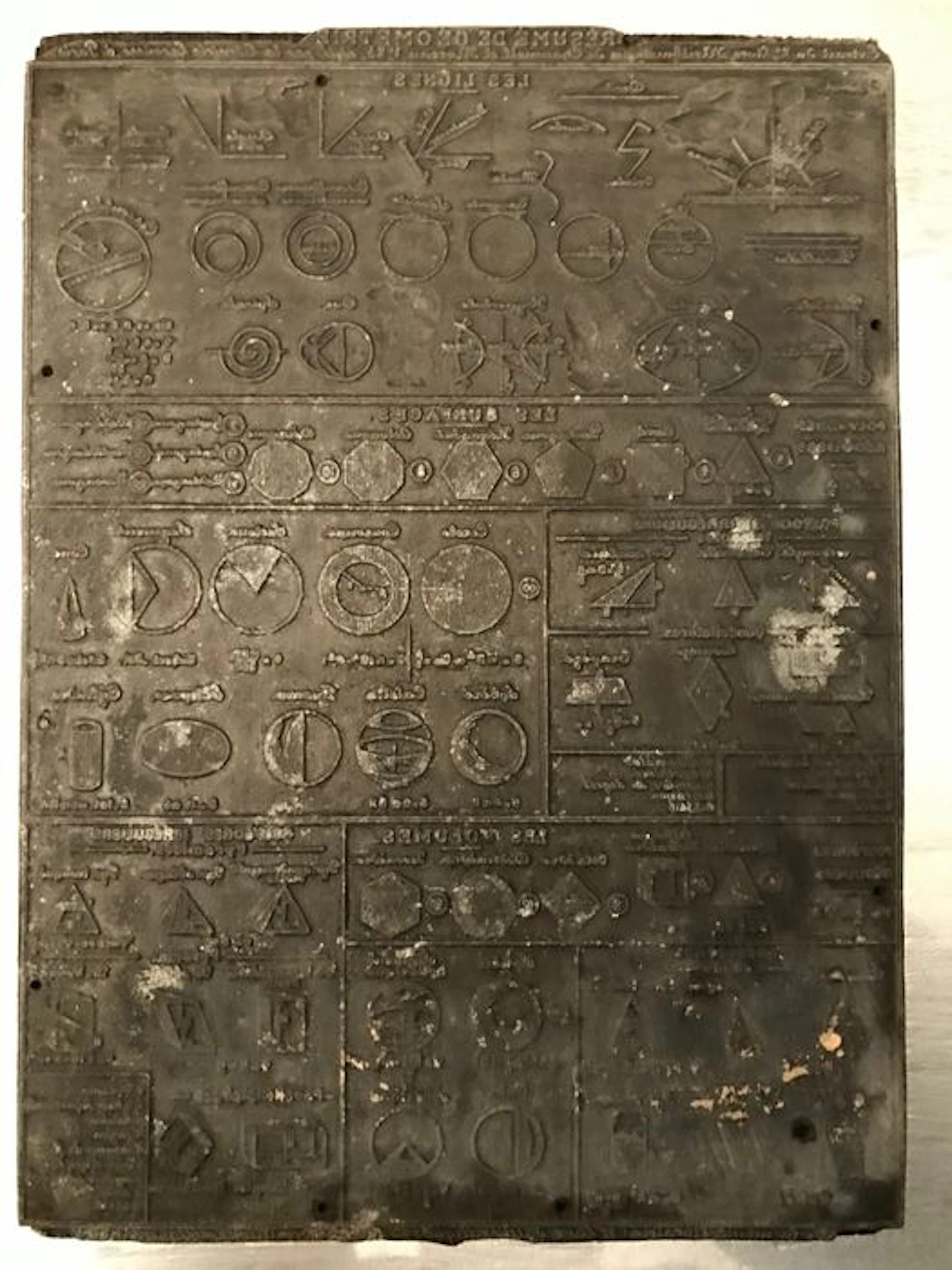 Large old printing buffer, lead on wood. It represents a summary of