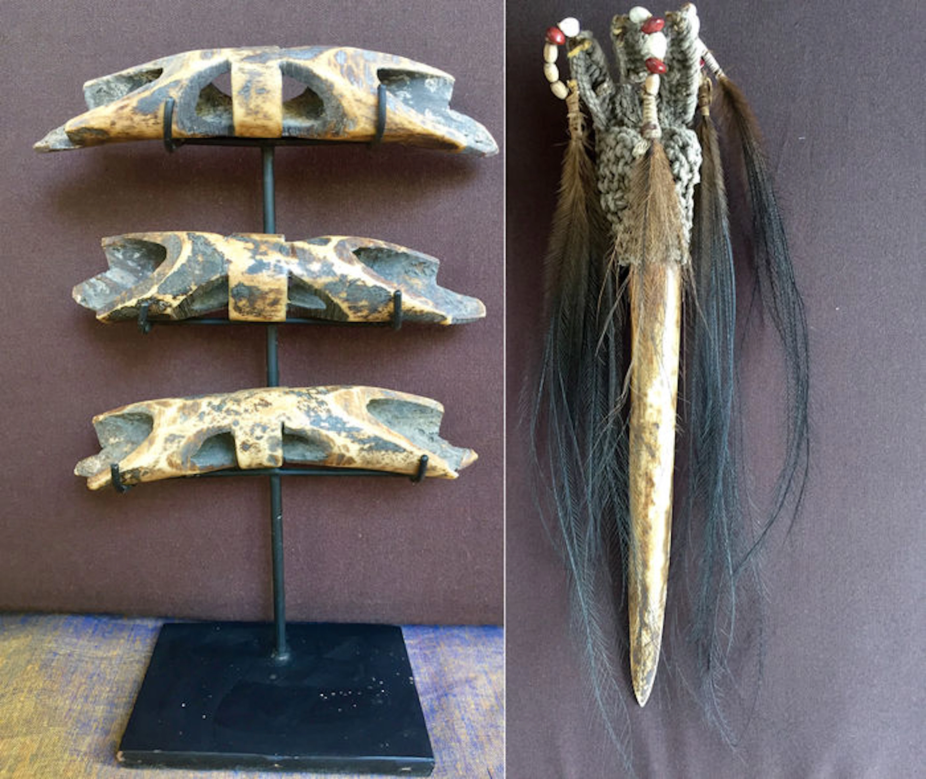Dagger made of Cassowary bone and feathers (Sepik) 3 bipane nose septums