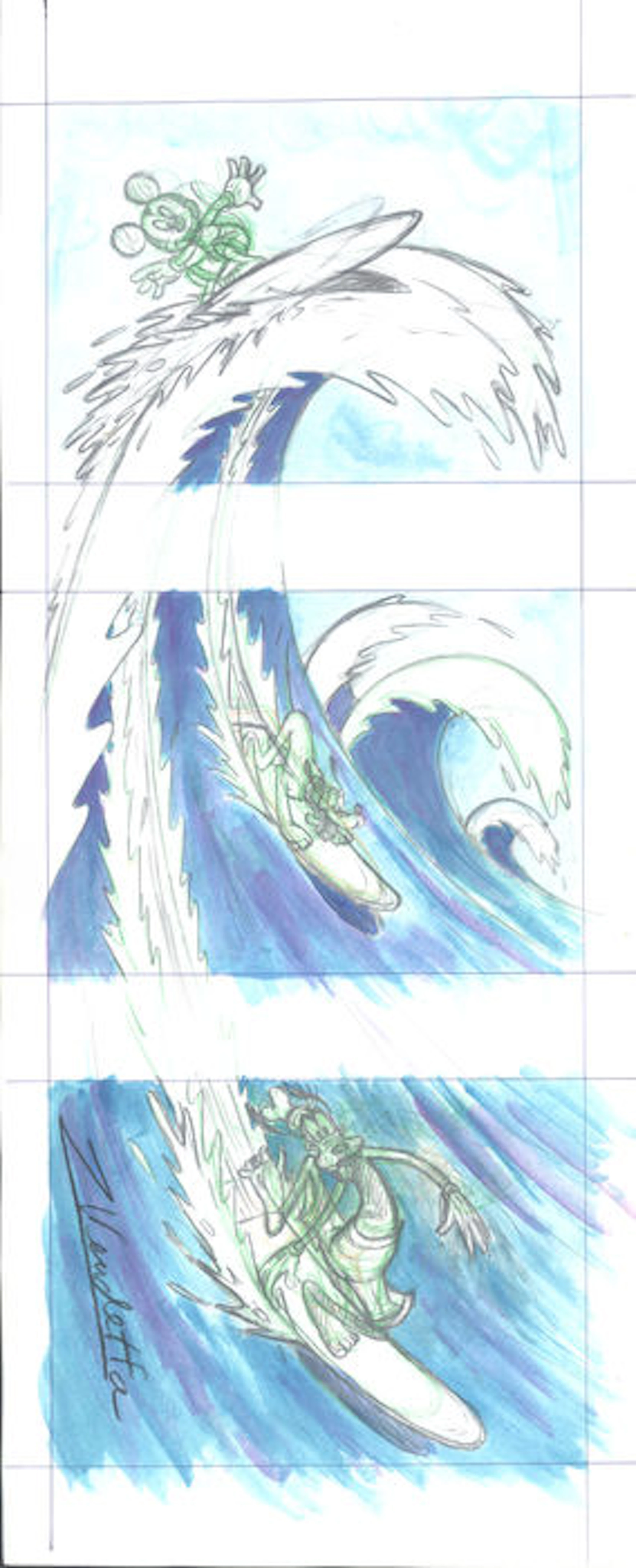 Disney - Mickey Mouse, Goofy and Pluto surfing - Triptych Original