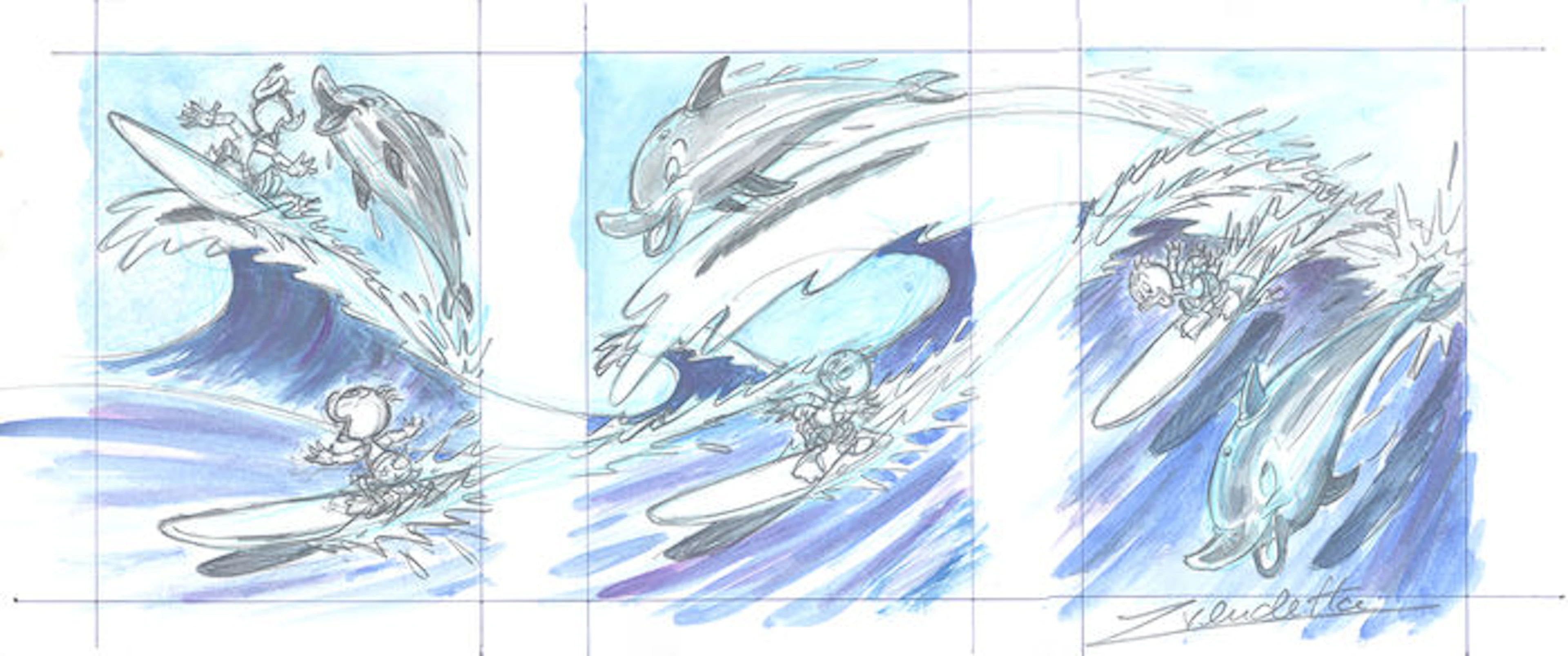 Mickey Mouse, Goofy and Pluto surfing - Triptych Original Watercolor
