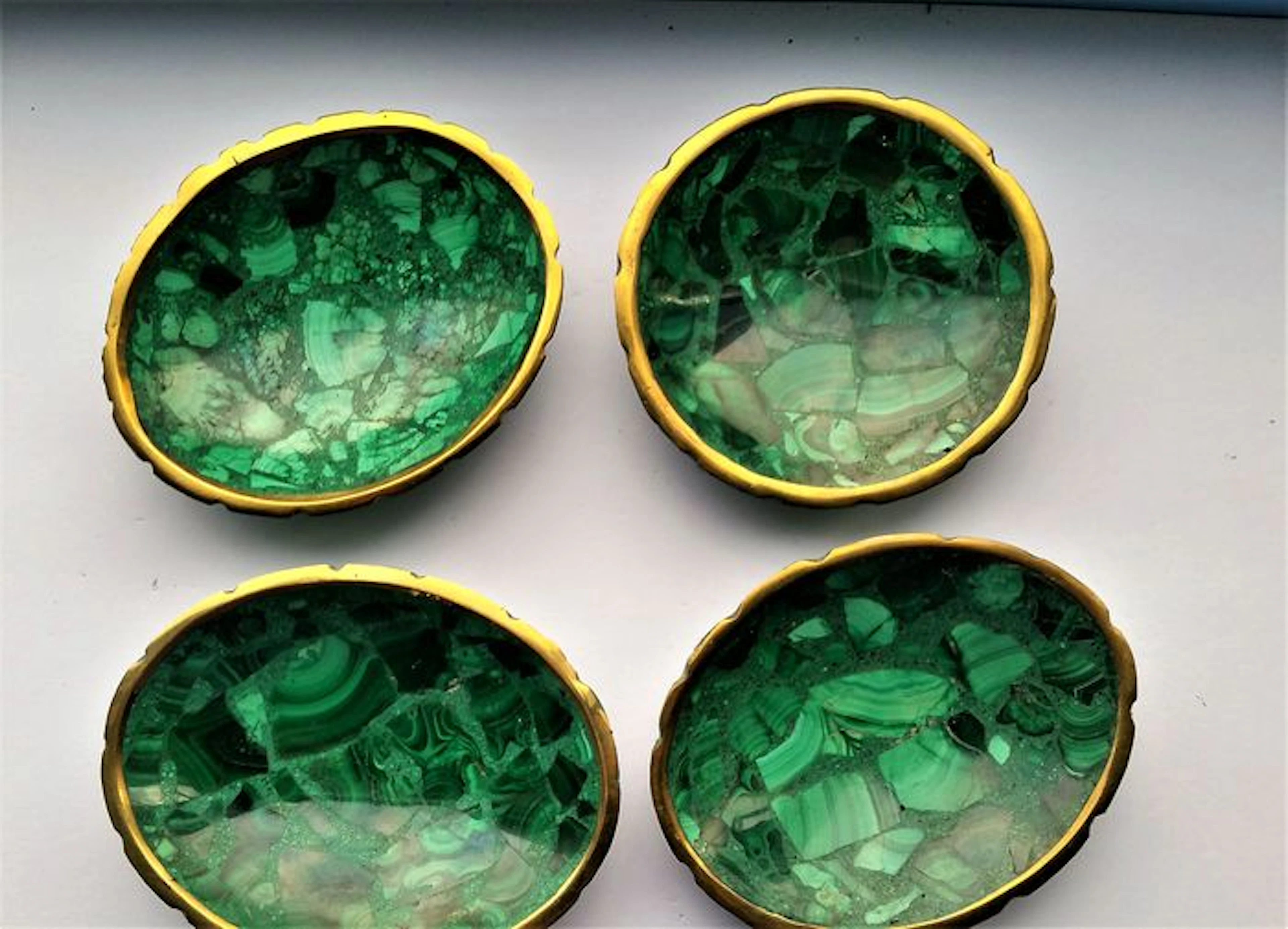 Set of 4 rare handmade and polished malachite gemstone dishes with
