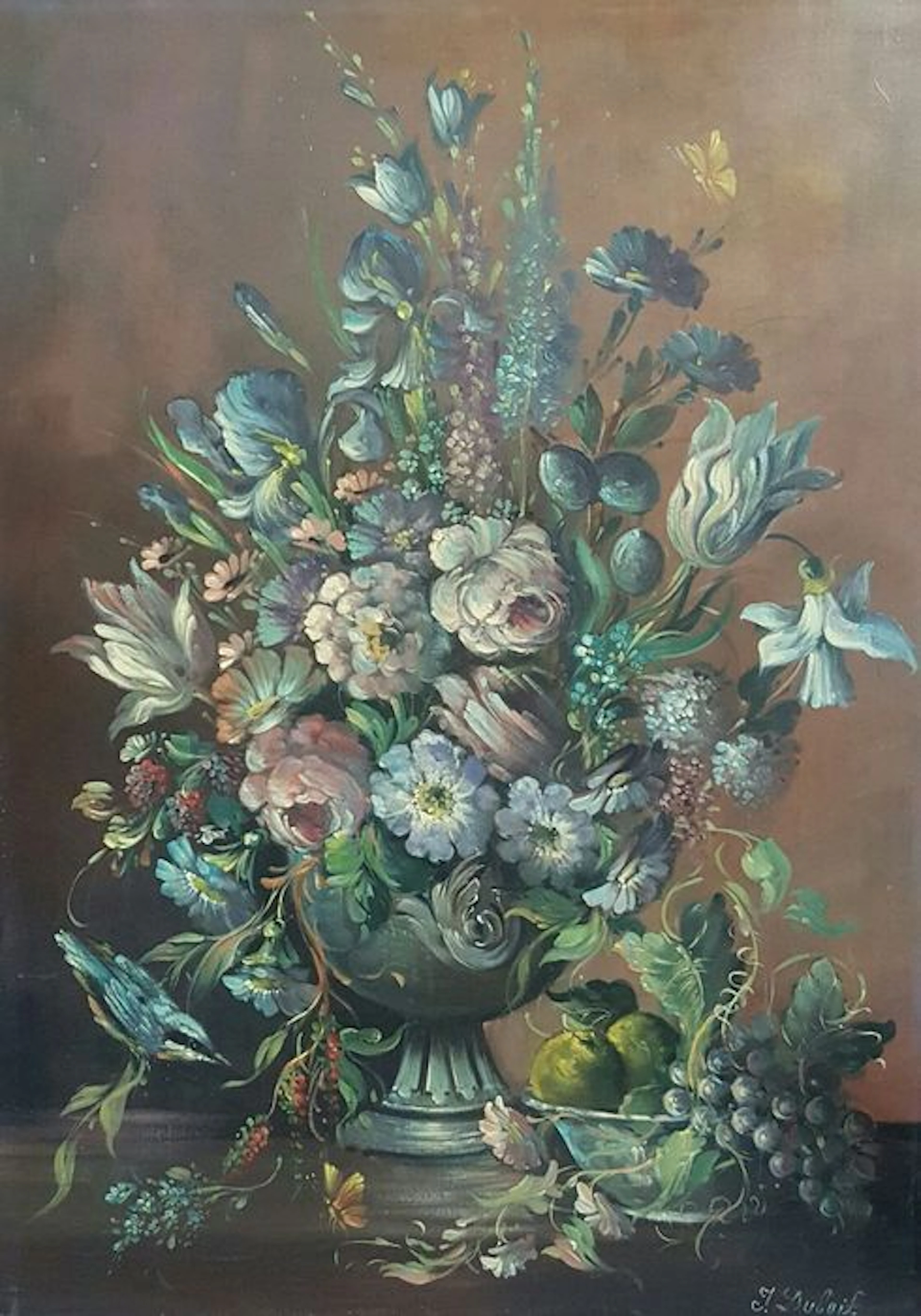 J Dubois ( 20th century) - Pronkstilleven met vogel en vlinder