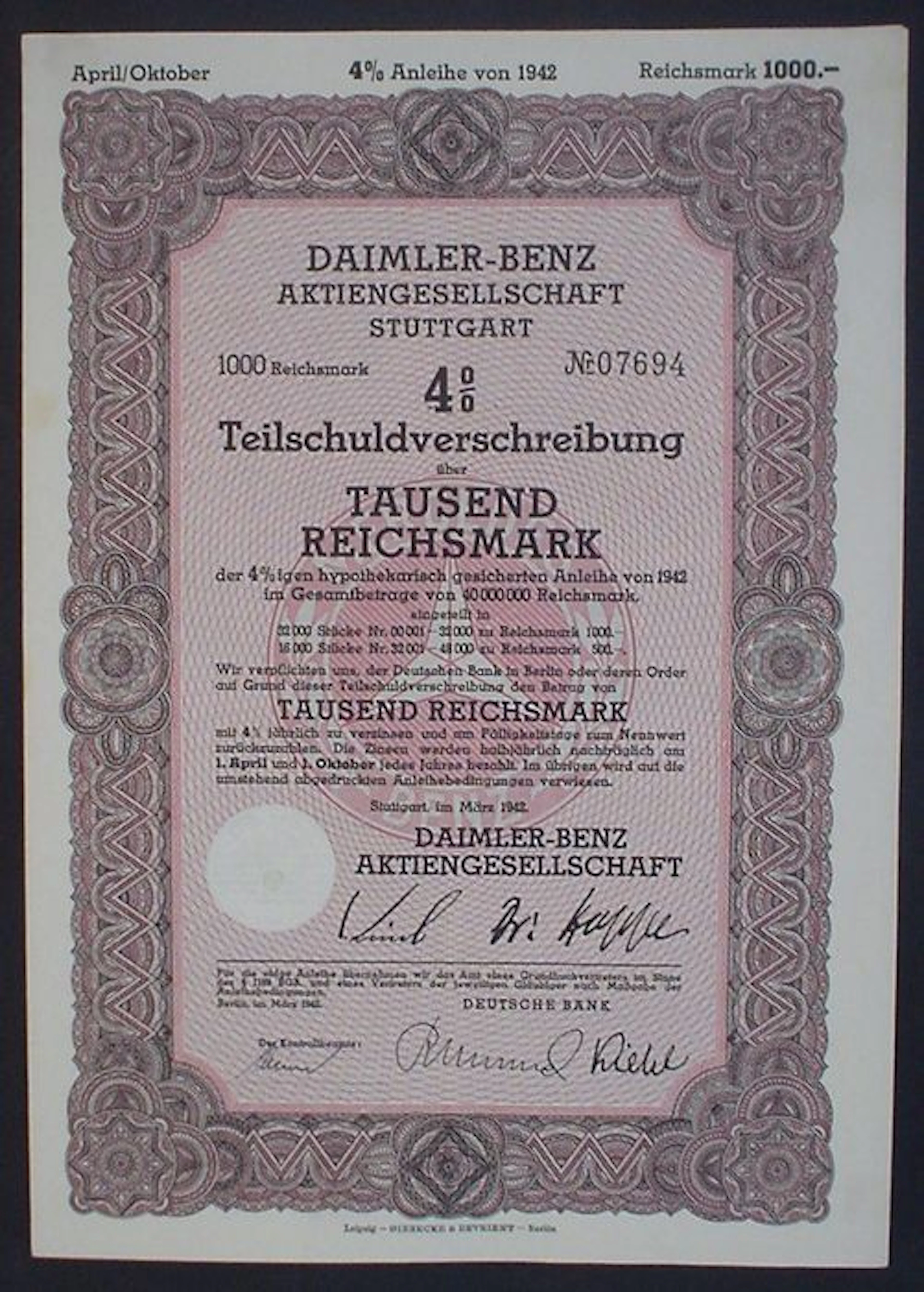 Germany / Mercedes Daimler Benz AG Stuttgart 1000 Reichsmark 1942