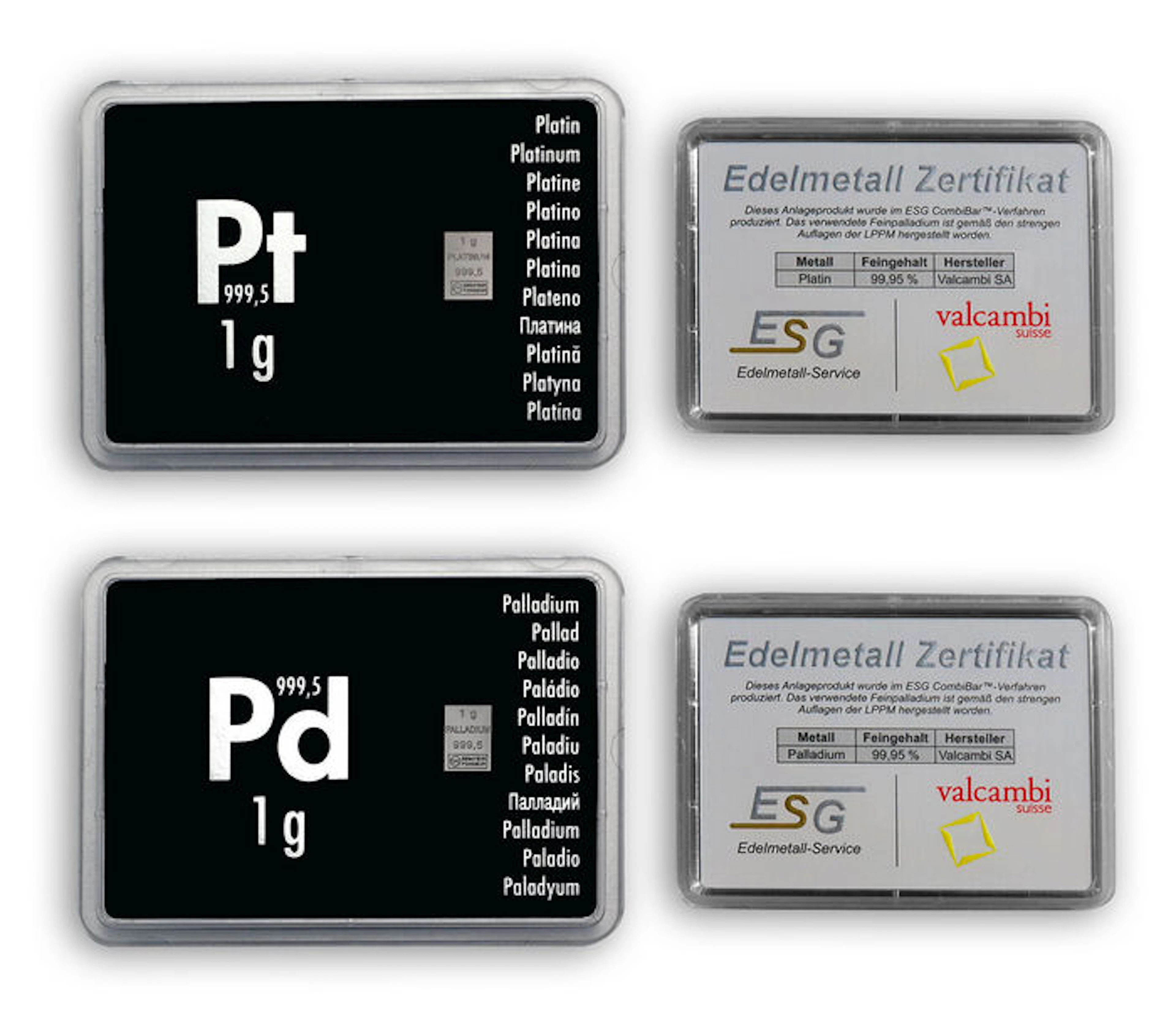 Germany - 1 x 1 gram 999.5 Palladium + 1 x 1 gram 999,5 platinum bar