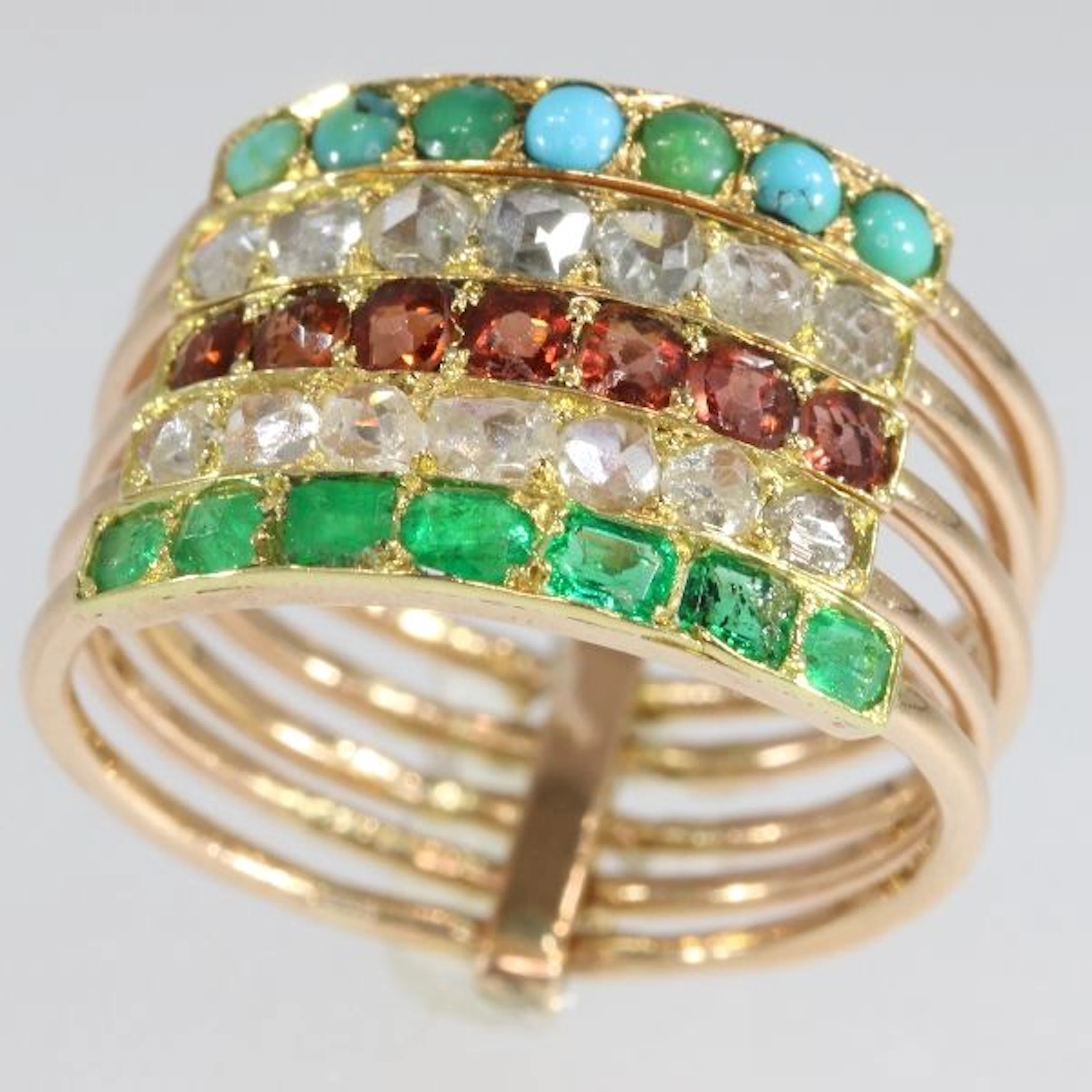 Antique Victorian five bundled gold rings each colourful line set