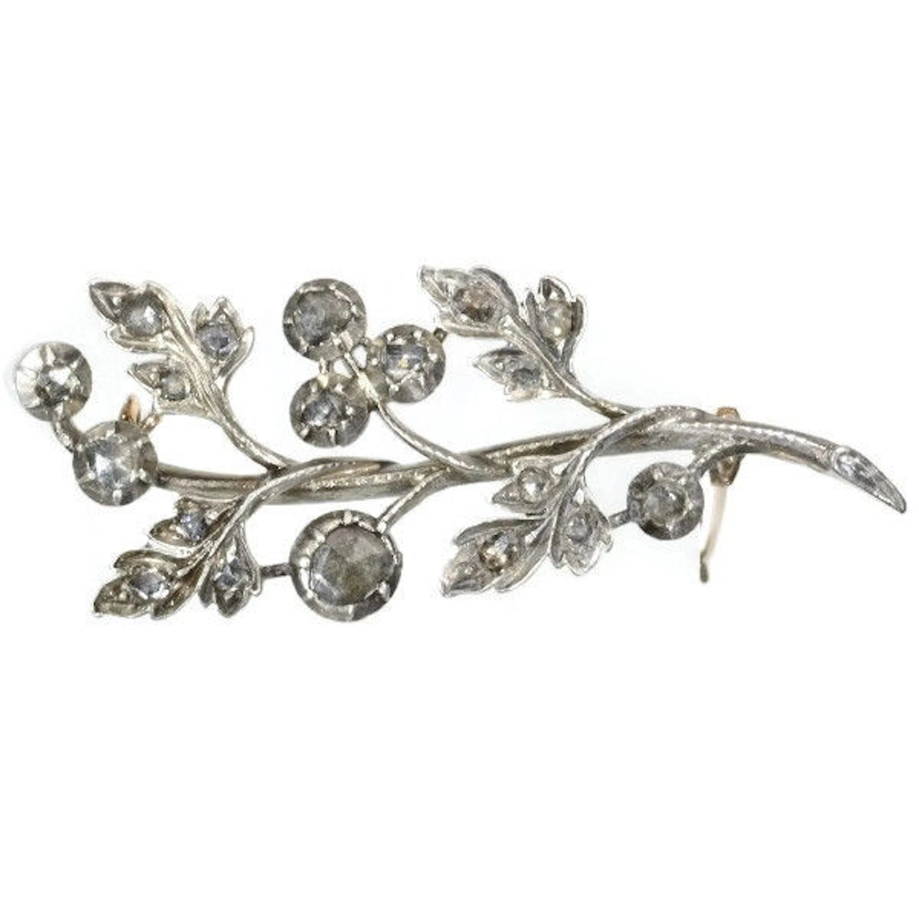 Victorian diamond flower branch gold backed silver brooch, anno 1850
