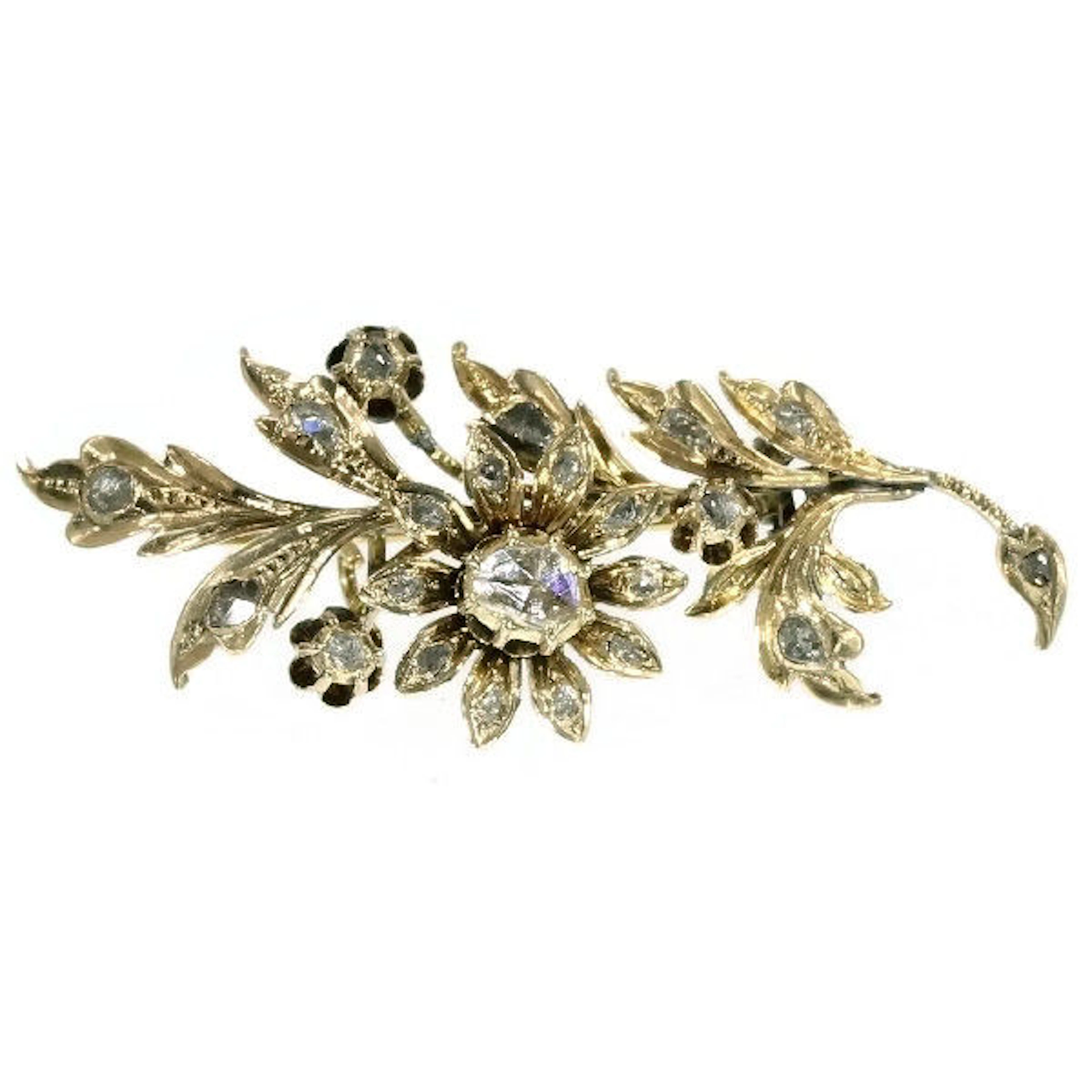 Dutch Victorian gold flower branch brooch covered with rose cut diamonds