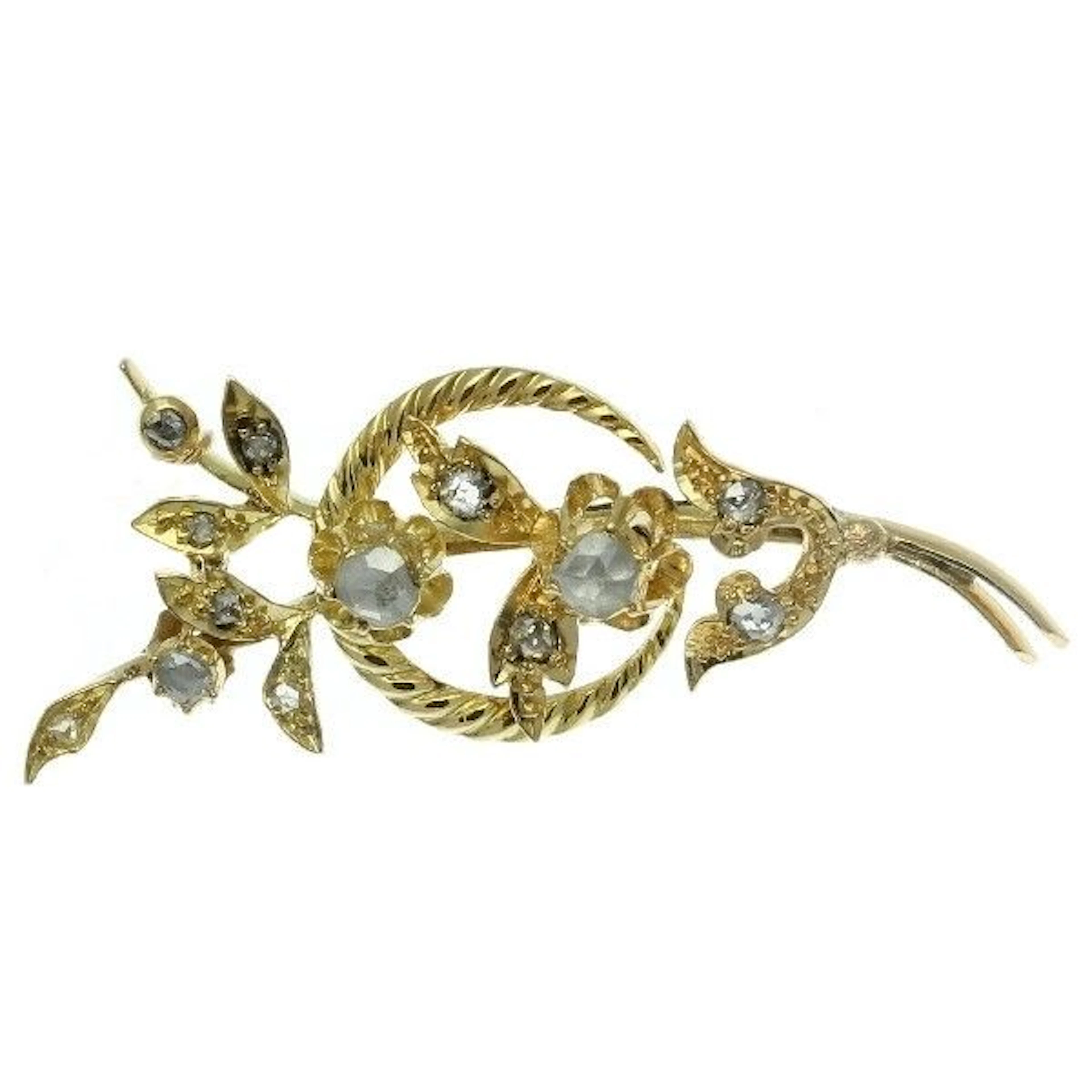 Dutch Victorian Antique gold branch brooch with rose cut diamonds, anno 1870