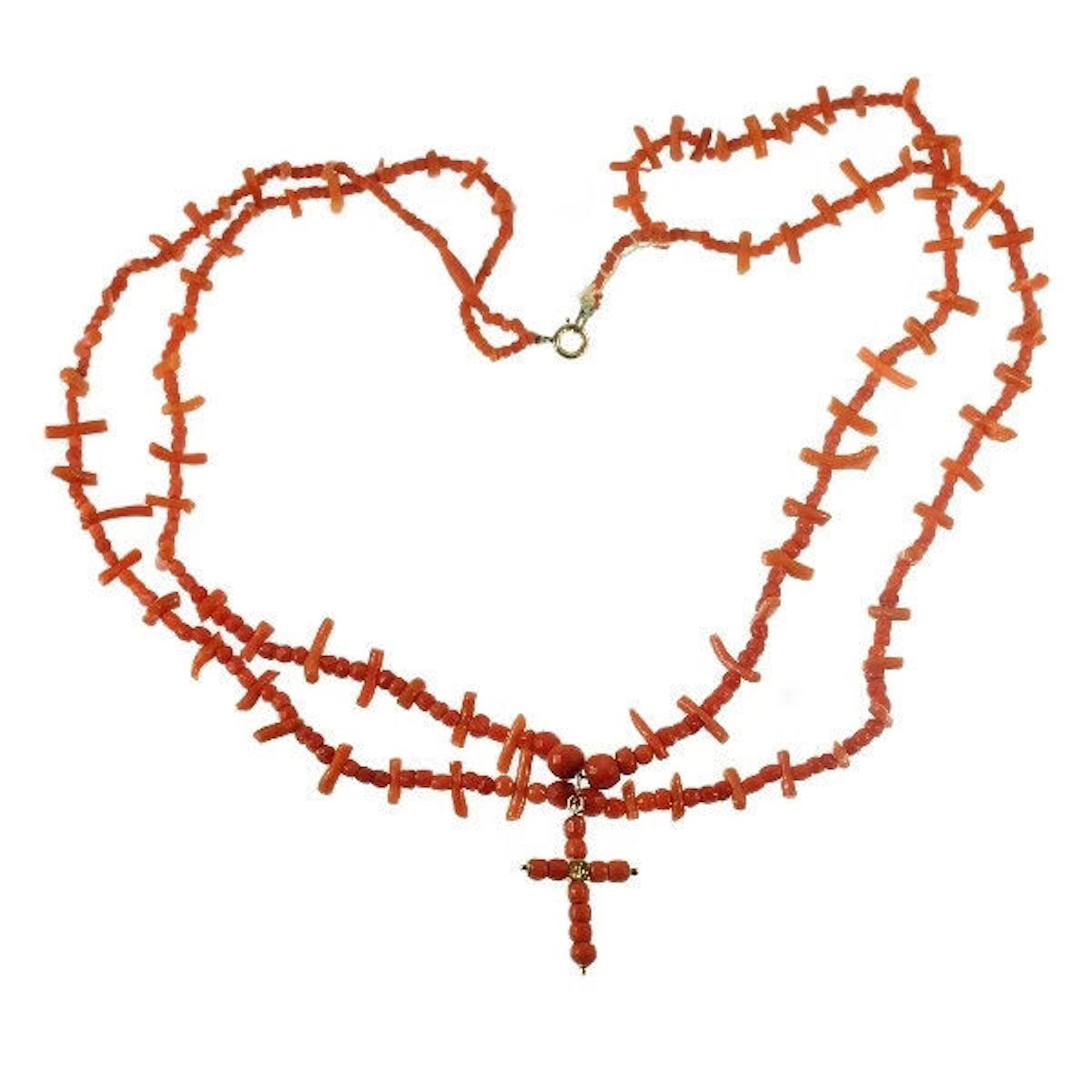 Victorian coral cross necklace with gold fittings, ca. 1870