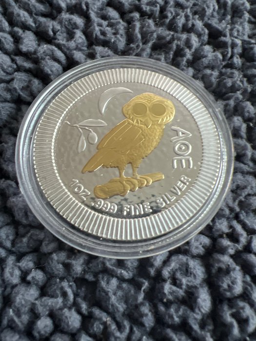 Niue. 2 Dollars 2022 - Owl Of Athena - 24k Gold Gilded - 1 Oz | Barnebys