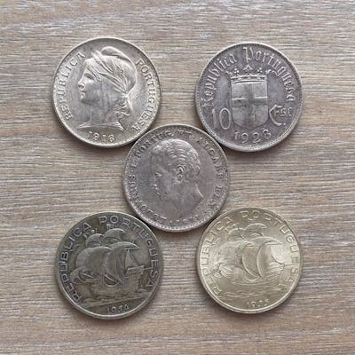 Portugal. 50 Centavos + 10 Escudos + 500 Reis 1871/1955 (5 moedas)