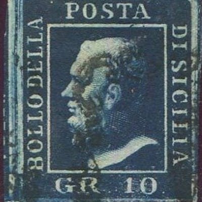 Italian Ancient States - Sicily 1859 - 10 dark blue grain with wide margins