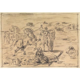 Giorgio De Chirico (1888-1978) - Cavallo e cavaliere in un paesaggio