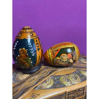 2 Russische lak eieren met religieus motief - Figure - (2) - Wood, lacquer