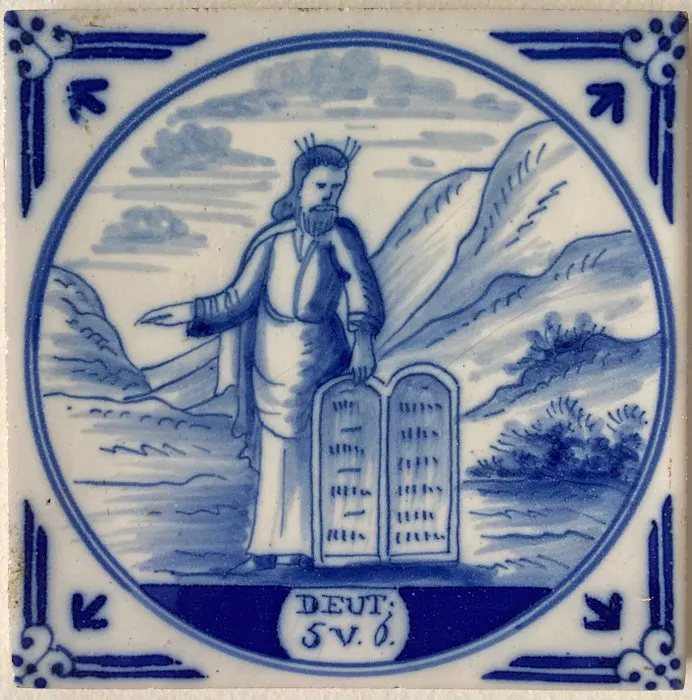 Tile - Rare Delft blue Biblical tile Moses and the Ten Commandments ...