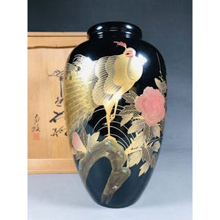 Vase - Wajima lacquerware - wood - Carved Lacquer Floral...