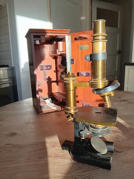 Microscope - antique microscope with original wooden carrying box ...