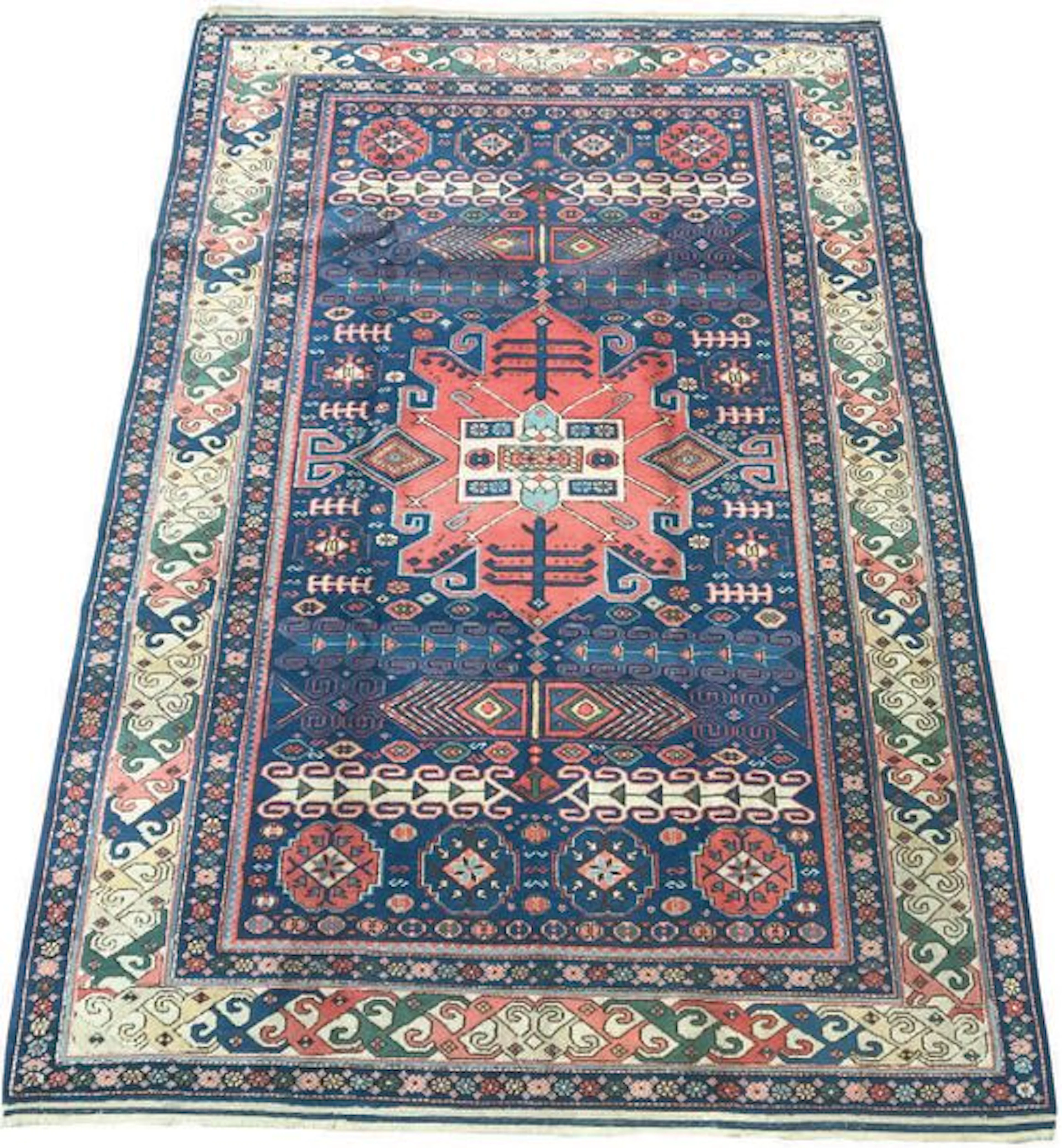 TAPIS TURC à motif caucasien fond bleu marine…
