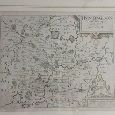 Christopher Saxton hand-coloured map of Huntingdon dating circa 1607