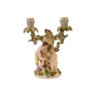 Meissen 1750 Zweiflammiger Kerzenleuchter „Der Eierdieb“|Meissen 1750