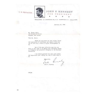 Letter from JFK to Thomas Short 1960 Presidential Campaign - $30K
