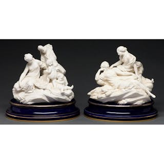 Two Sevres biscuit porcelain groups, c1932, of fishing after...