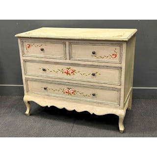 A modern French style rose painted chest of drawers on shaped feet
