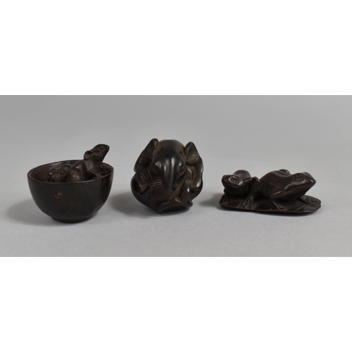 Three Carved Wooden Netsukes, Mice And Frogs | Barnebys