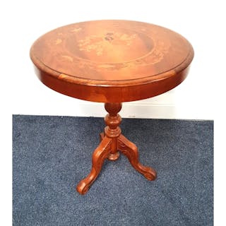 TEAK WINE TABLE with a circular inlaid floral top on a turne...