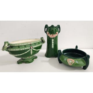 THREE EICHWALD POTTERY PIECES comprising an oval vase decora...