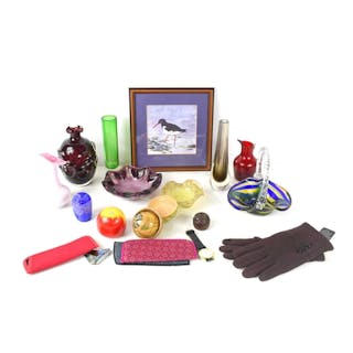 A group of collectables, including a cranberry glass vase, p...